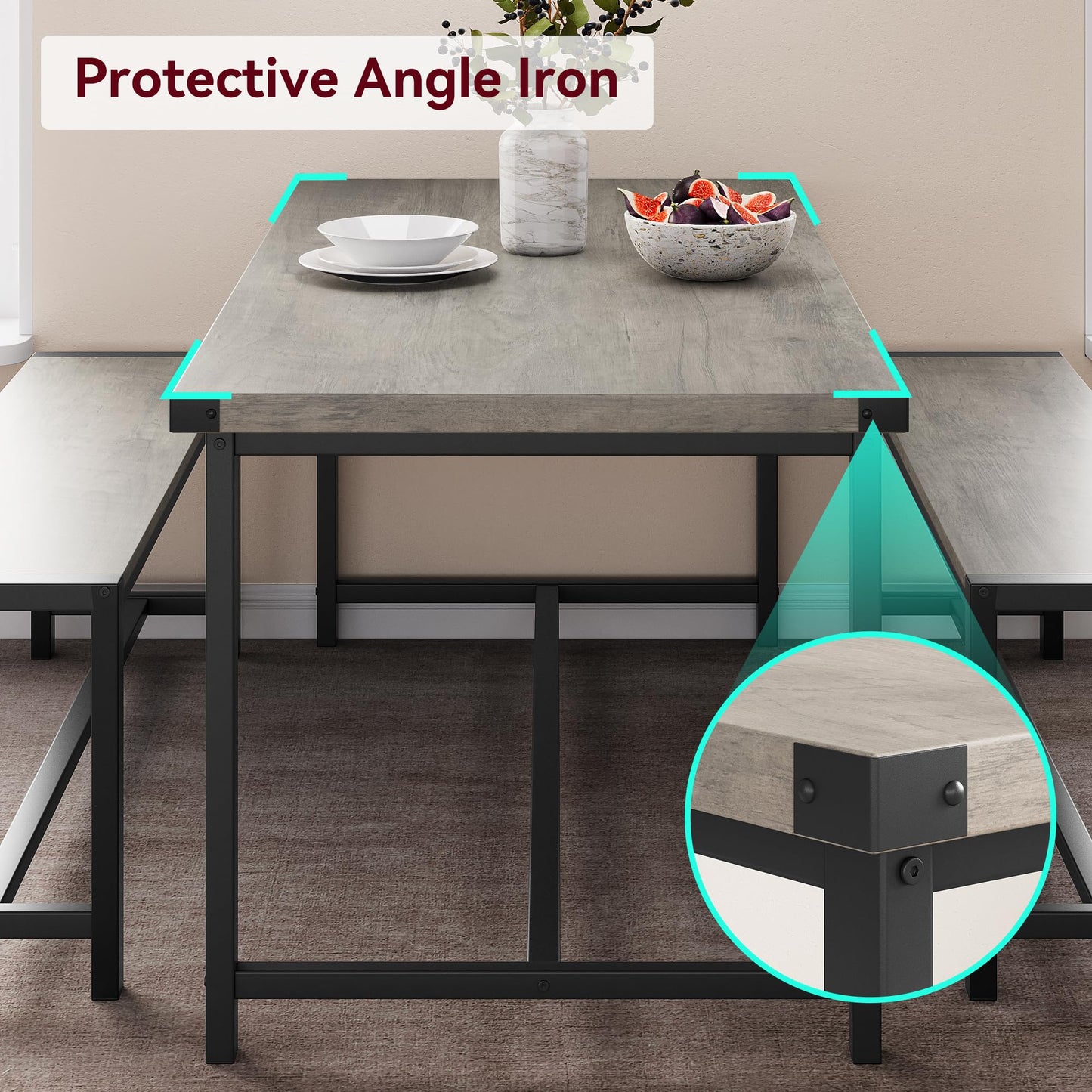 GarveeHome Dining Table Set for 4, Kitchen Table with 2 Metal Wood Benches, Rectangular Room Dining Table Set, 3 Piece Farmhouse Kitchen Table Set for Small Space, Apartment, Studio, Rustic Gray