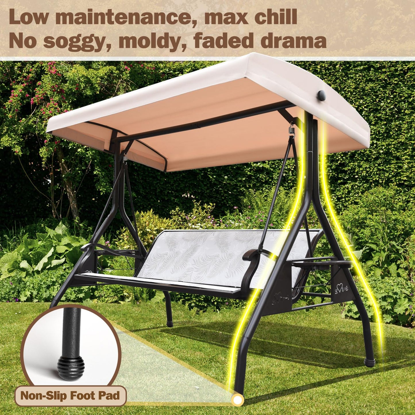 ZZW 3 Person Patio Swing Outdoor Swing for Adults with Adjustable Canopy &Upgraded Cup Holders Textilene Fabric Porch Swing Chair with Stand Heavy Duty 800 LBS
