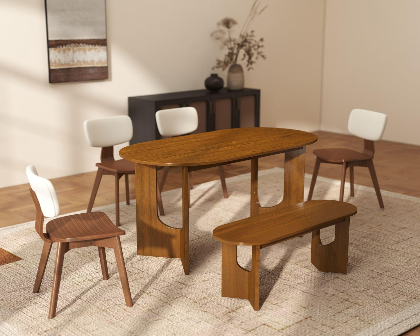 Wooden Dining Bench, 47-Inch Long Kitchen Bench, Mid Century Modern Entryway Bench for Dining Room, Entryway, Living Room, Hallway, Easy to Assemble (Walnut)