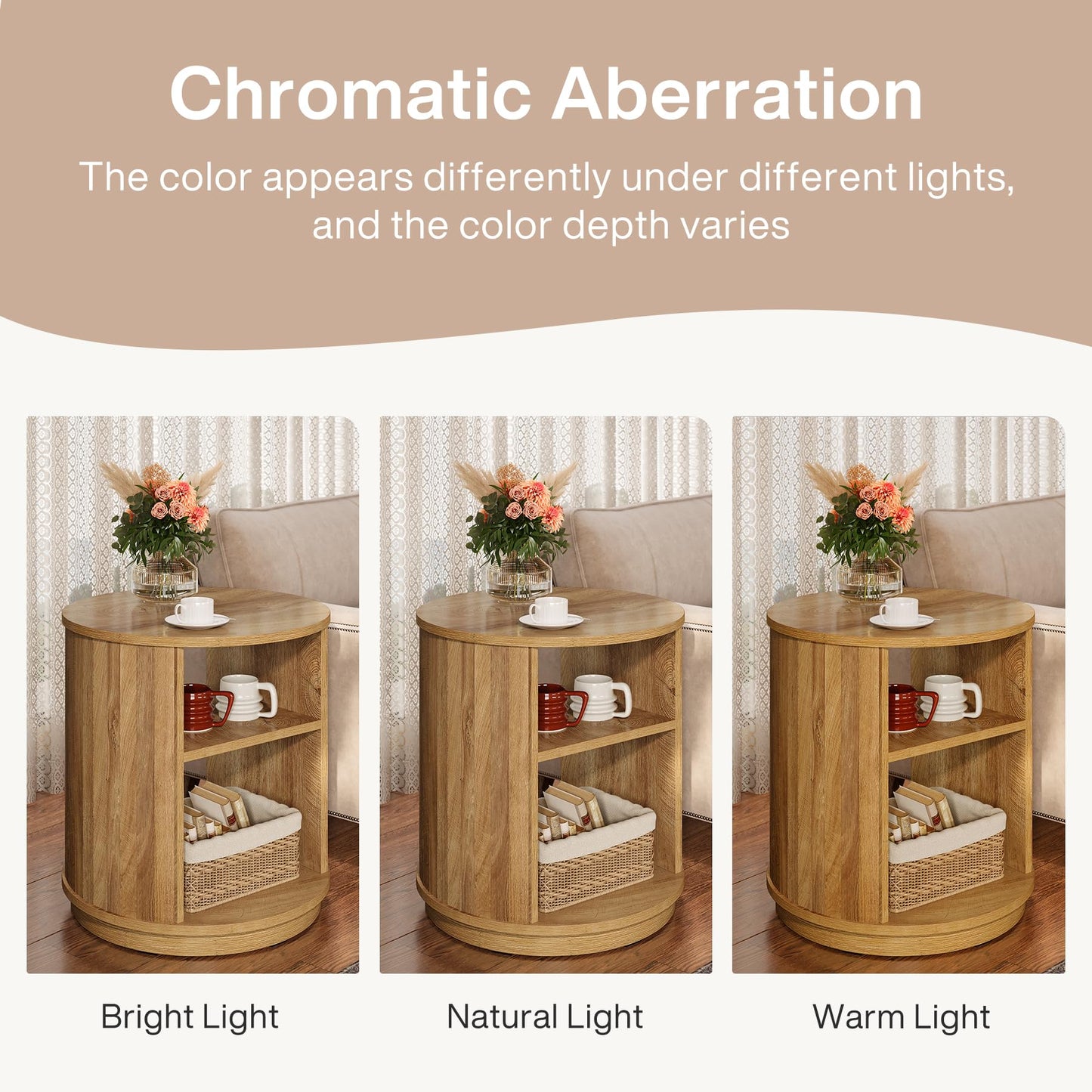 Tribesigns Round End Table Set of 2: 3-Tier Side Table with Storage Shelf, 23.6" Diameter Modern Nightstand or Bedside Stand, Small Sofa Accent Furniture for Living Room, Bedroom, Natural (2PC)