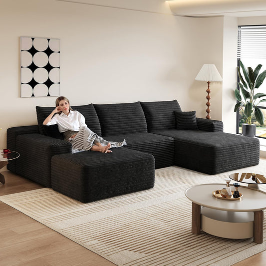 107" Comfy U-Shaped Sectional Modern Boneless Corduroy Couch with Chaise ‌and Ottoman‌ - No Assembly Required! Deep-Seat, Upholstered Modular Cloud Sofa for Living Room, Plush Corduroy Fabric(Black)