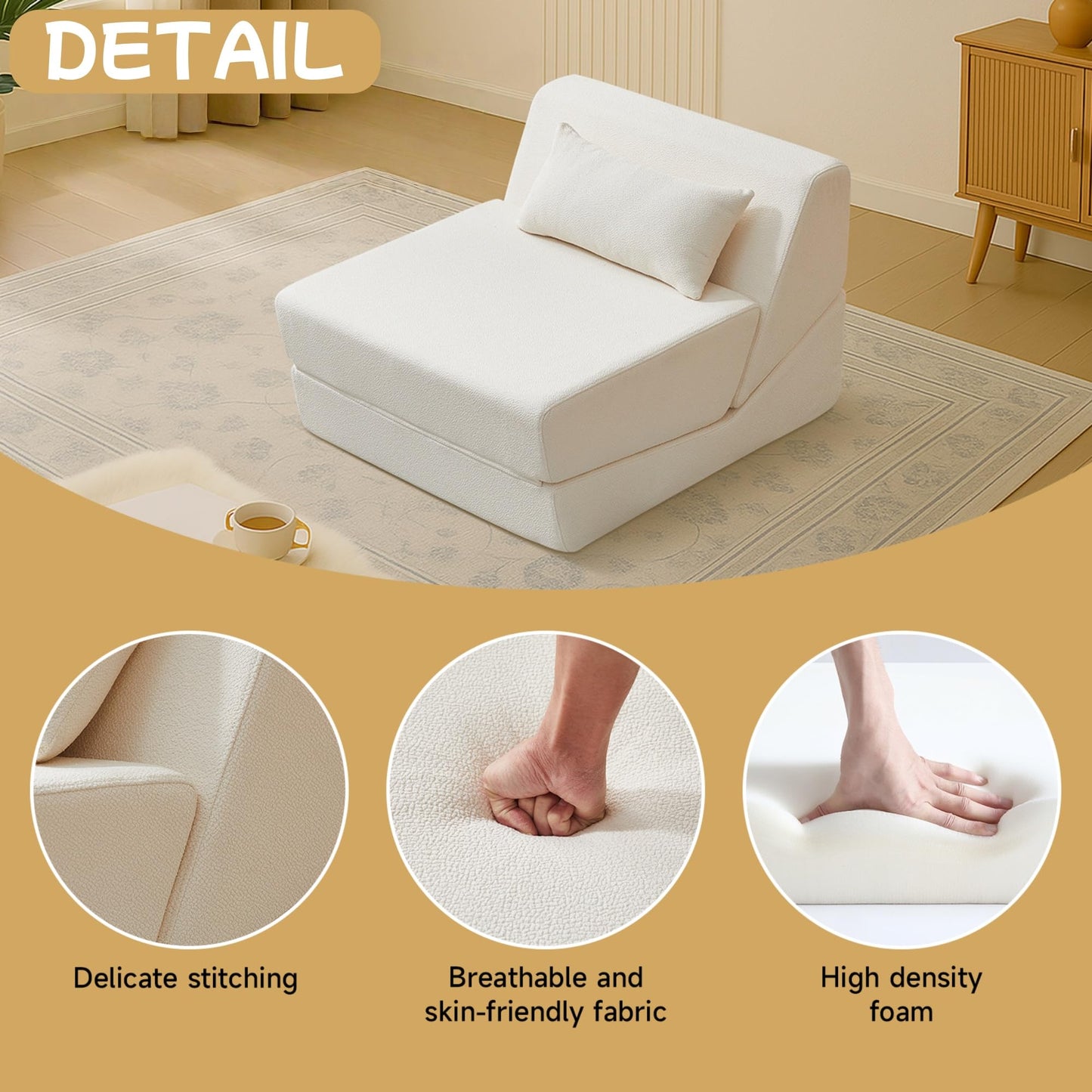 Trygoal Convertible Sofa Bed, Convertible Fold Out Couch with Pillow, Alpaca Wool Fabric Portable Foldable Floor Sofa with High-Density Foam, Sleeper Lounge Chair for Living Room Apartment, Beige