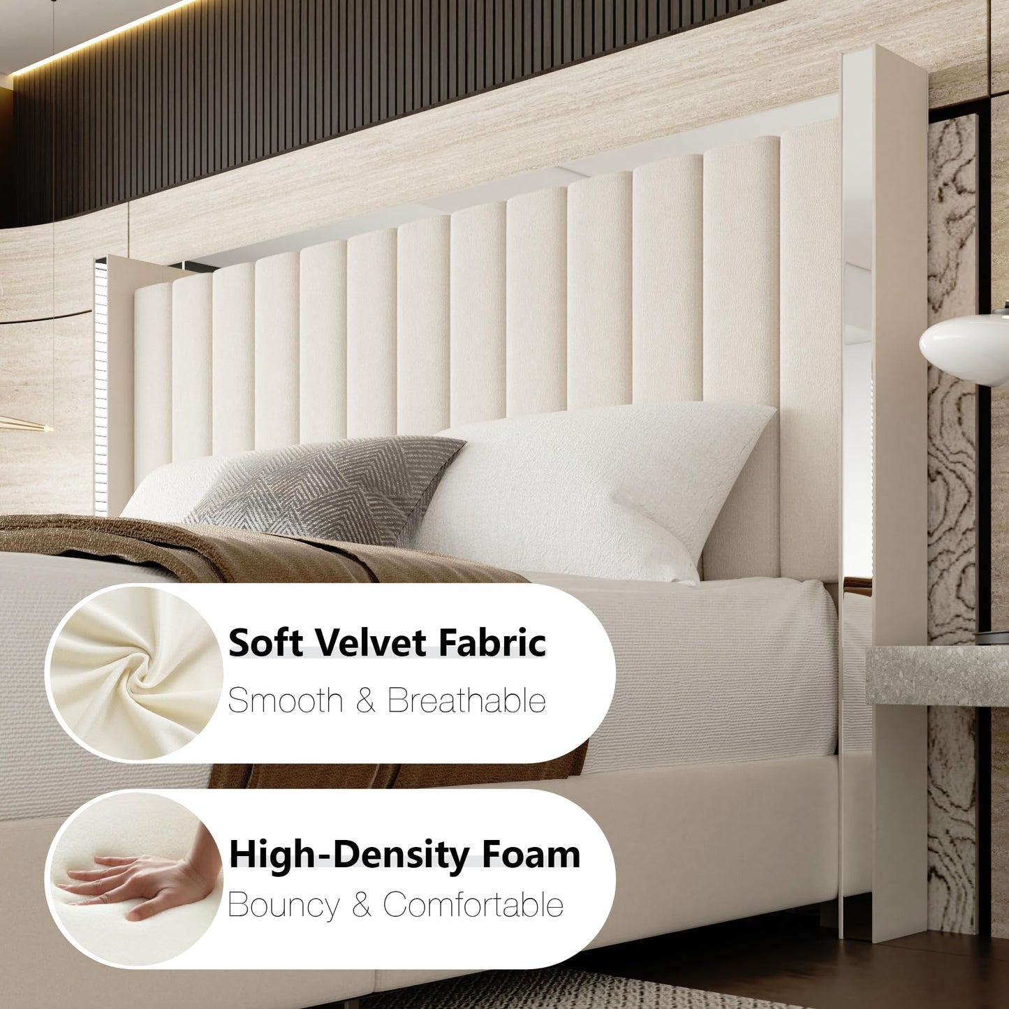 viplov Queen Bed Frame with 57.9" headboard, Tall Wingback Chenille Upholstered Headboard, Low Profile, No Box Spring Needed, Easy Assembly, Noise Free-Beige