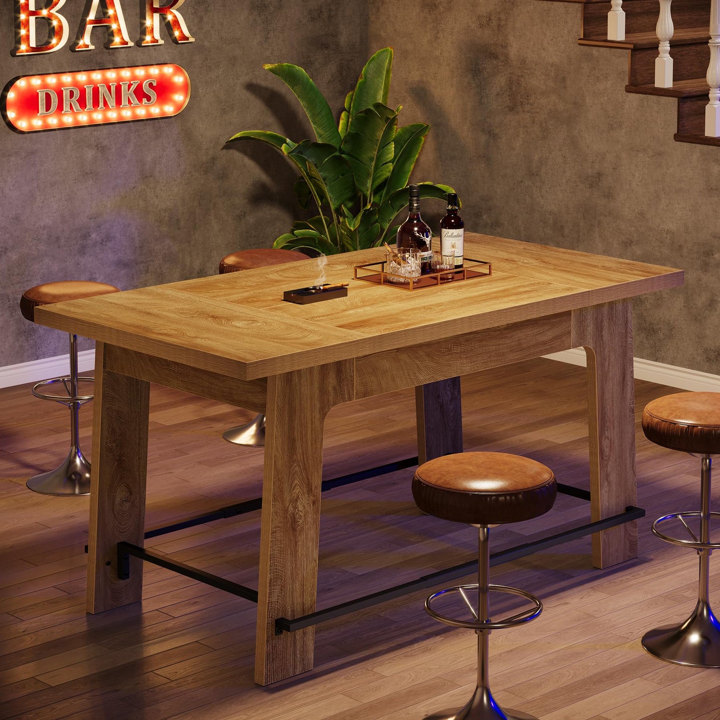 Tribesigns 62.6-Inch Bar Table, Counter Height Pub Dining Table with Metal Footrest, Rectangular Home Bar Unit for Home Kitchen, Bistro, Basement, Living Room