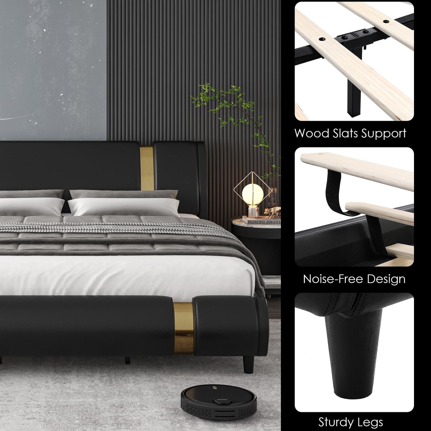 TTVIEW Modern Faux Leather Upholstered Platform Bed Frame with Golden Iron Metal Decor, Adjustable Curved Headboard, Wooden Slats Support, No Box Spring Needed, Queen Size, Black