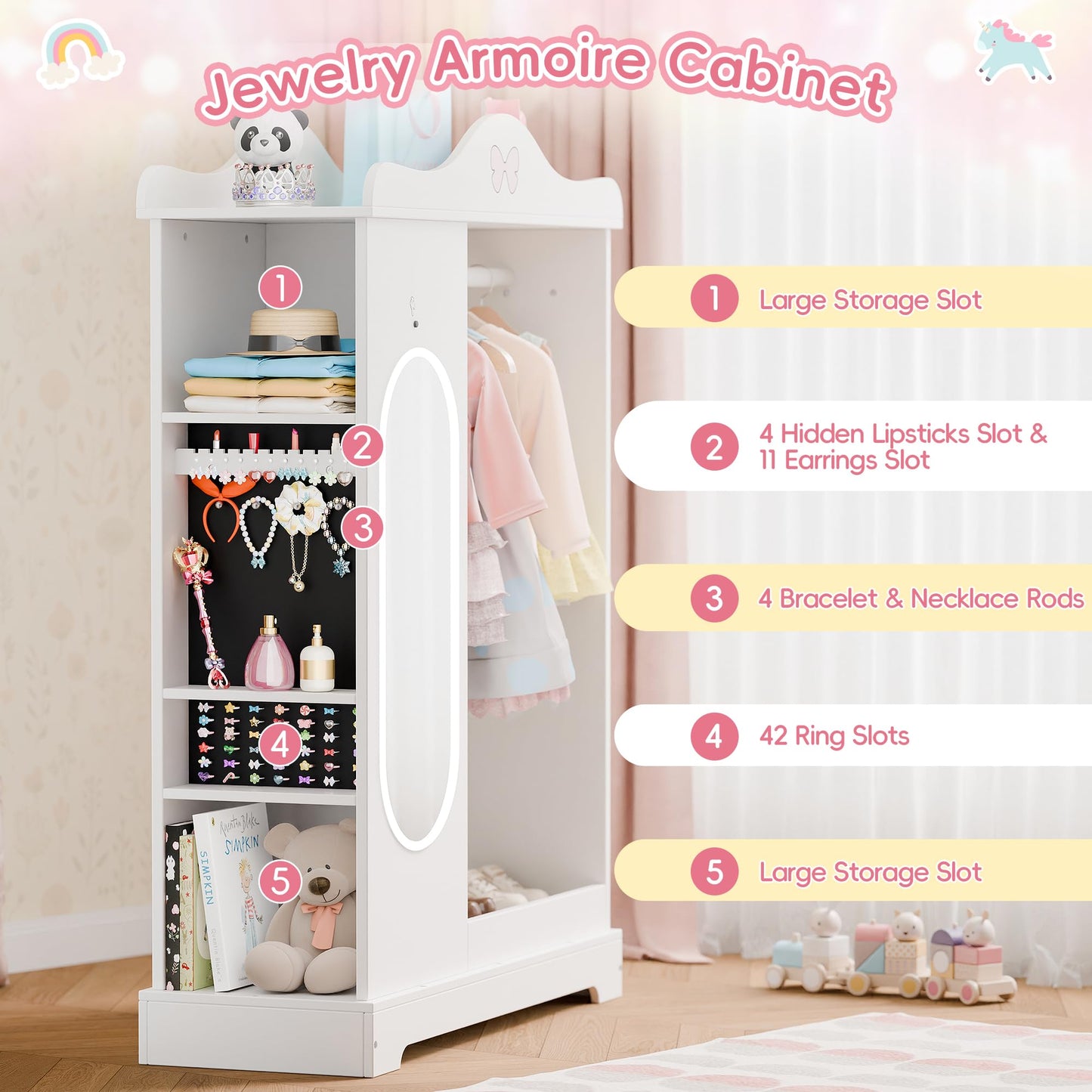 Xilingol Kids Armoire with a Jewelry Cabinet, Princess Dress Up Closet with Mirror, Kids Wardrobe Closet with Storage Shelves, Armoire Costume Organizer for Bedroom, Kids Room, Girl (White)