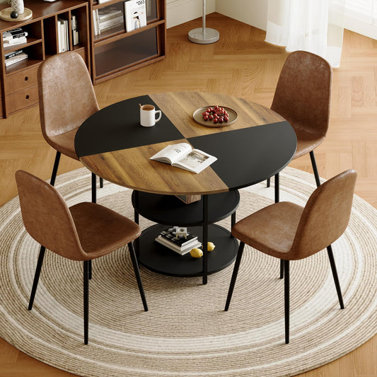 Vohuai Round Dining Table Set for 4,47.3''Wood Dining Room Table Set with 4 Upholstered Chairs,Round Color Blocked Tabletop with 2-Layer Storage Shelf,5 Piece Dinner Table Set for Kitchen Dining Room