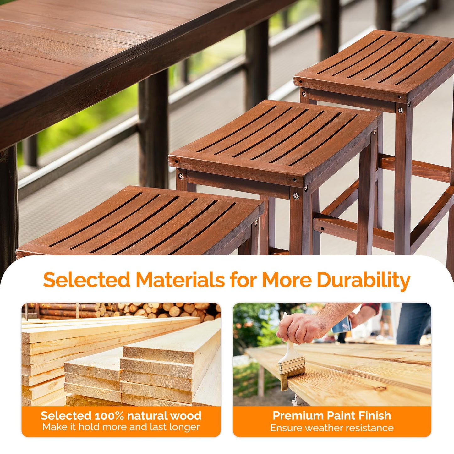 VINGLI Outdoor Bar Stools Set of 2, Solid Wood Bar Height Chairs Waterproof Patio Stools for Garden, Balcony, Kitchen, Backyard (Brown)