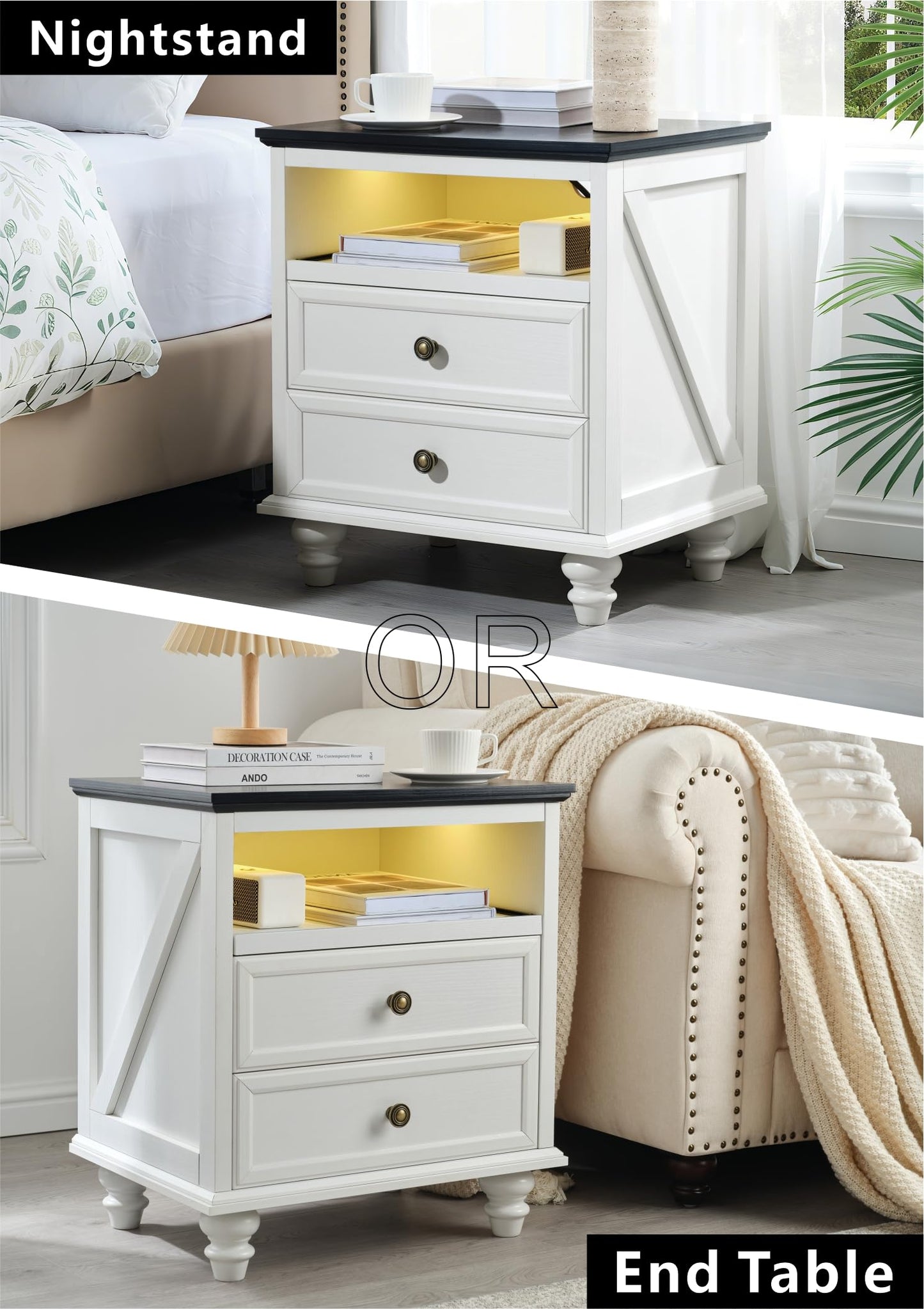 21" Farmhouse Nightstand with Charging Station,Classic American Style Bedside Table with 2 Drawers Storage,Pull-Out Tray,3-color LED lighting,End Table for Bedroom or Living Room,Bedside Cabinet,White