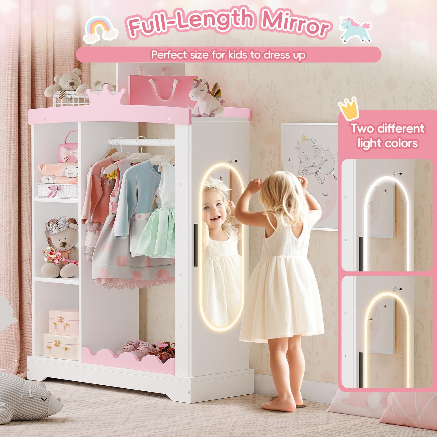 Xilingol Kids Armoire with Jewelry Cabinet, Dress up Storage with Mirror and Shelves, Princess Dress Closet and Costumes Wardrobe Closet, Costume Organizer for Bedroom, Kids Room, Girls (White)