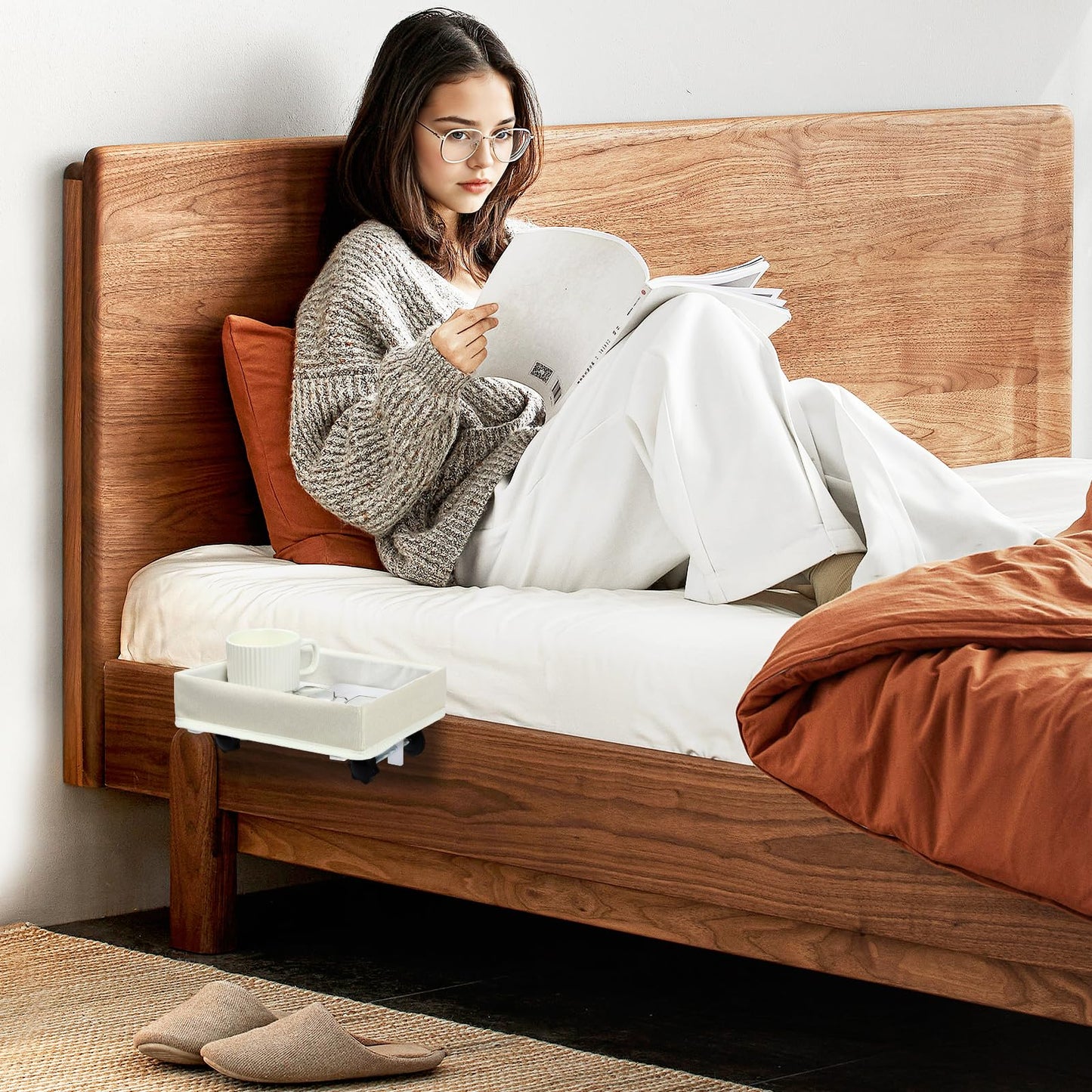 WOMACO Bedside Shelf for Bunk/Loft Bed, College Dorm Room, Top Bunk Bed Side Tray, Clamp On Bedside Remote Control Storage Caddy Cup Holder (Beige, Medium)