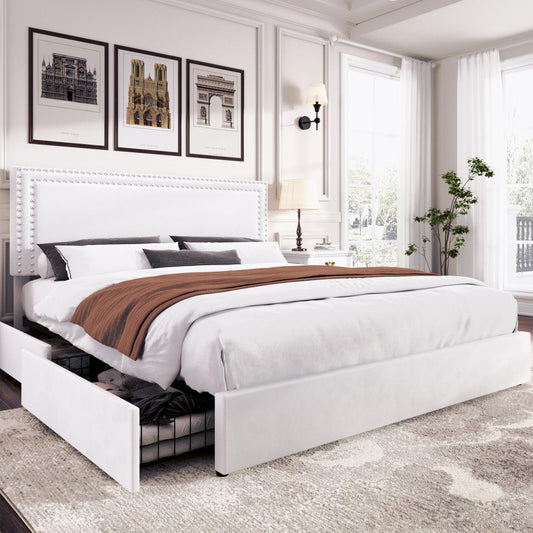 VECELO King Size Upholstered Platform Bed Frame with 4 Storage Drawers, Adjustable Velvet Rivet Decor Headboard, Wooden Slats Support, No Box Spring Needed, Easy Assembly
