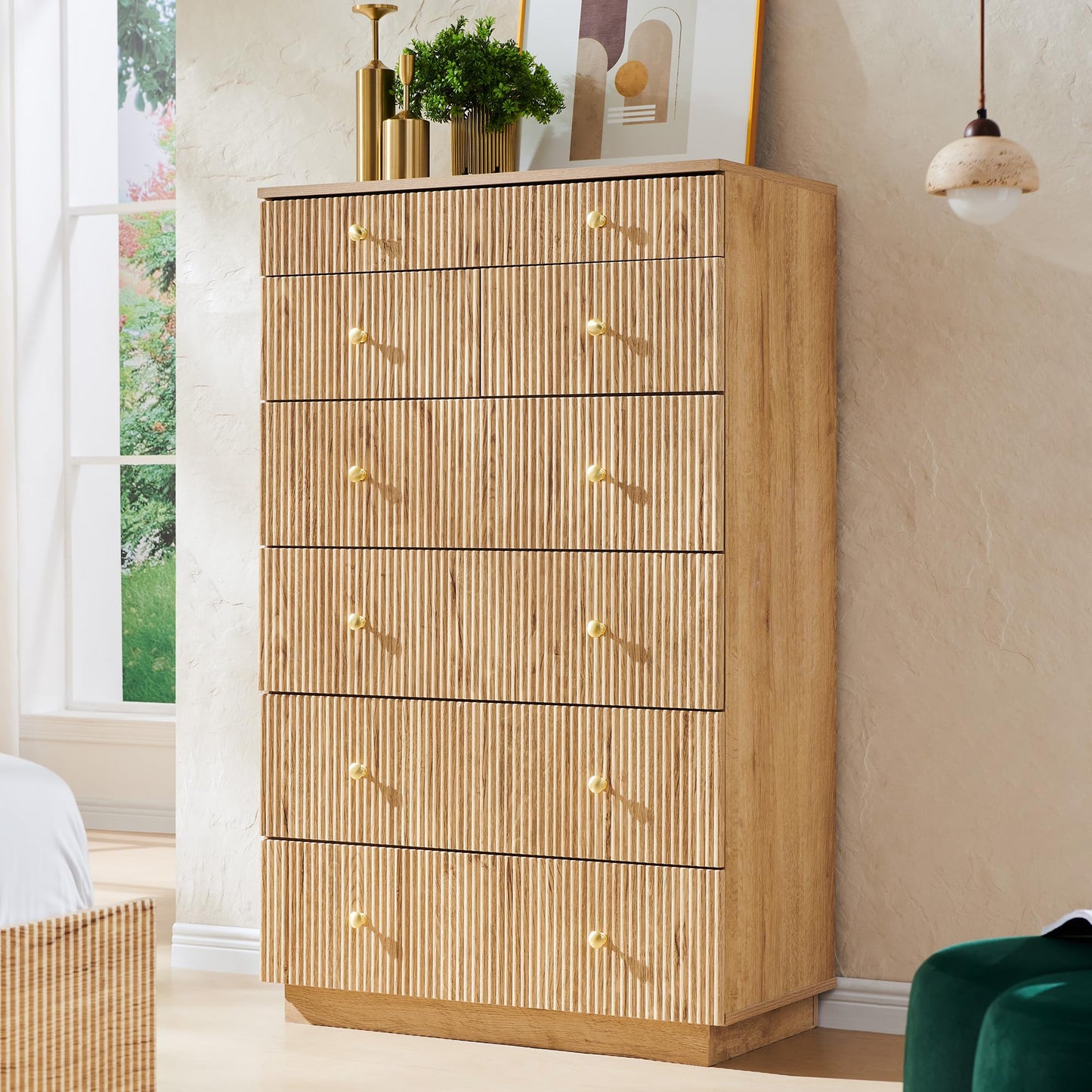 wow97e Fluted 7 Drawer Dresser for Bedroom, 48" Tall Natural 7 Drawer & Chests of Drawers, Wood Modern Chest of Drawers with Deep Storage for Bedroom, Closet Hallway, Entryway, Living Room, Natural
