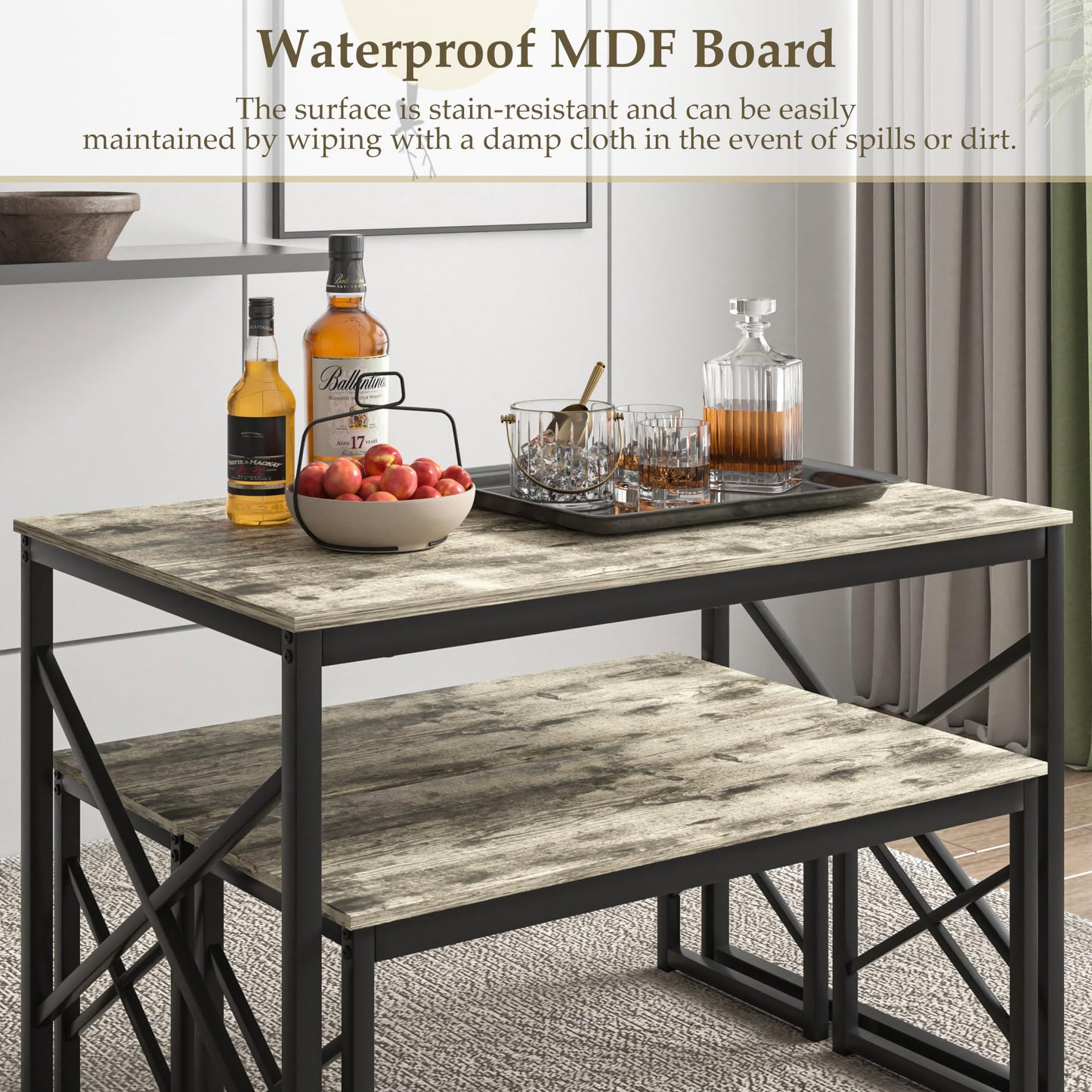 VECELO Kitchen Dining Table Set for 4, 43.3" Wood Rectangle Dinette with 2 Benches, Heavy-Duty Metal Frame for Small Space, Breakfast Nook, Grey