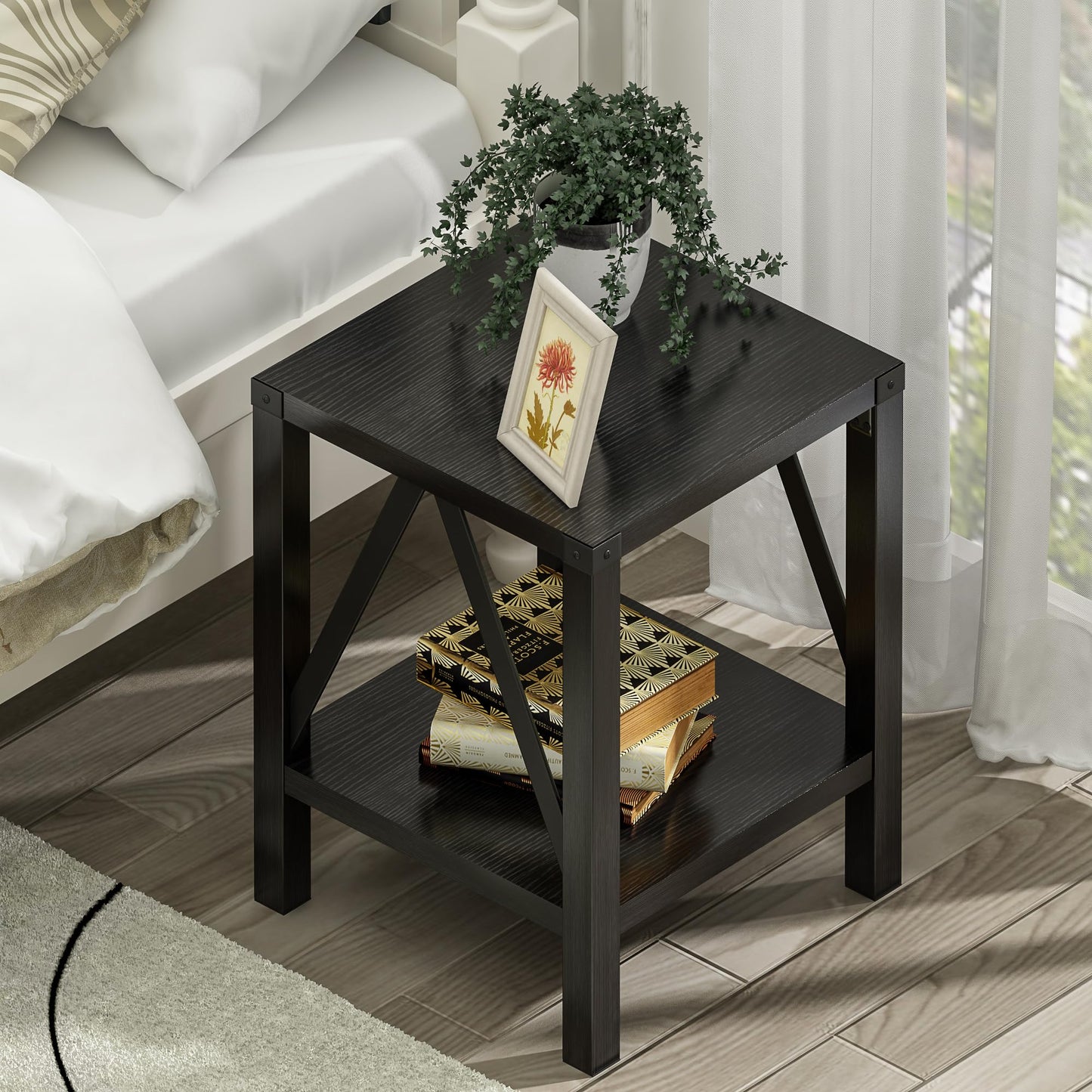 Treocho Farmhouse End Table Set of 2, Rustic Vintage Nightstand Side Table with Shelf for Living Room, Black