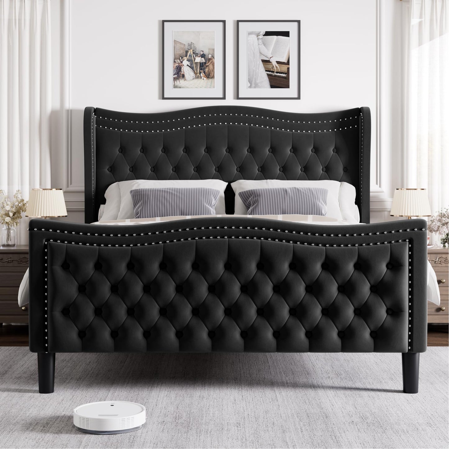 VINTLJUS Queen Bed Frame with Tall Headboard & Footboard, Velvet Upholstered Platform Bed Frame with Deep Button Tufted Wingback, No Box Spring Needed, Noise Free, Black
