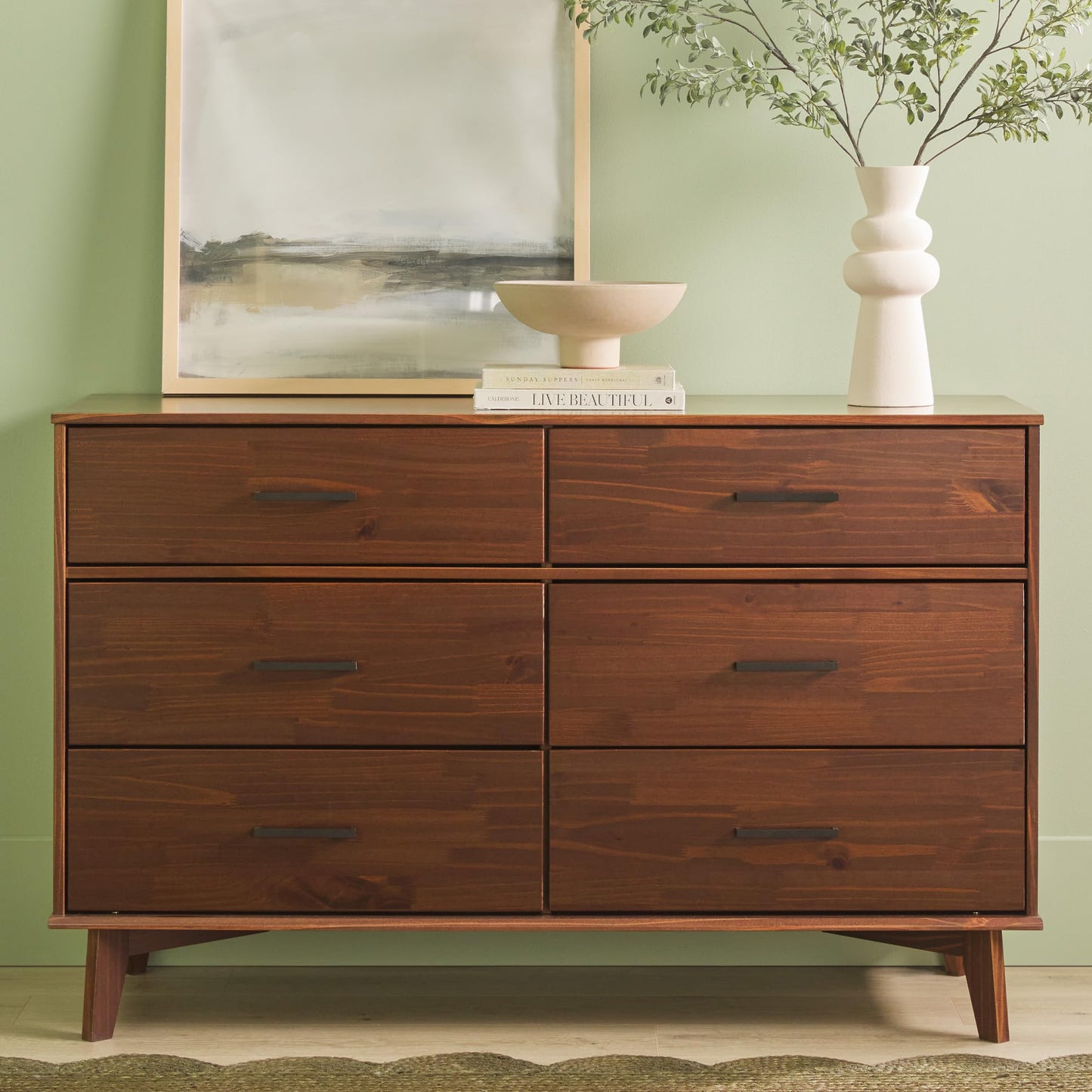 Walker Edison Sloane 6-Drawer Solid Wood Dresser with Metal Handles, 52 Inch, Walnut