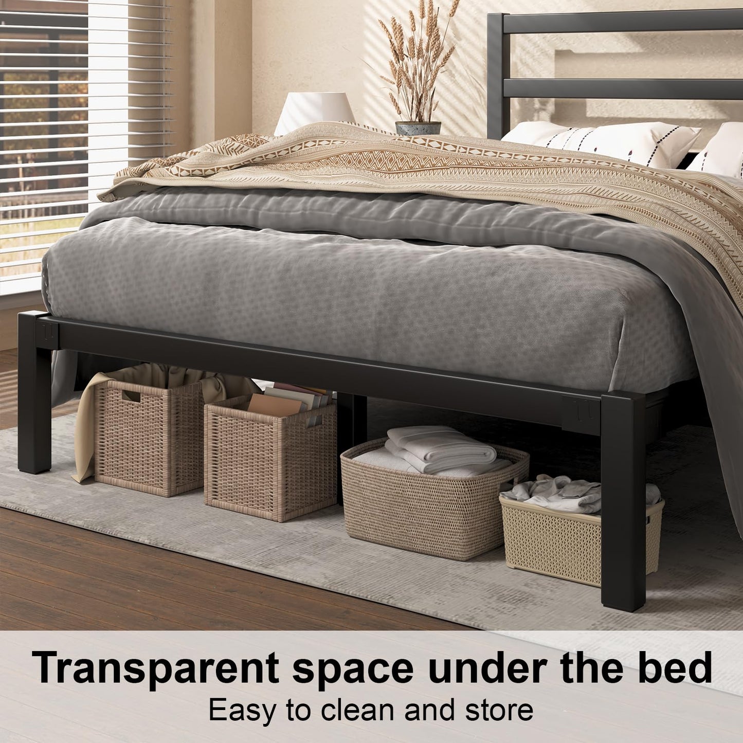 E-Motie King Size Bed Frame, Metal Platform Bed Frame with Headboard, Mattress Foundation with Spacious Underbed Storage, No Box Spring Needed, Easy Assembly, Modern, Black