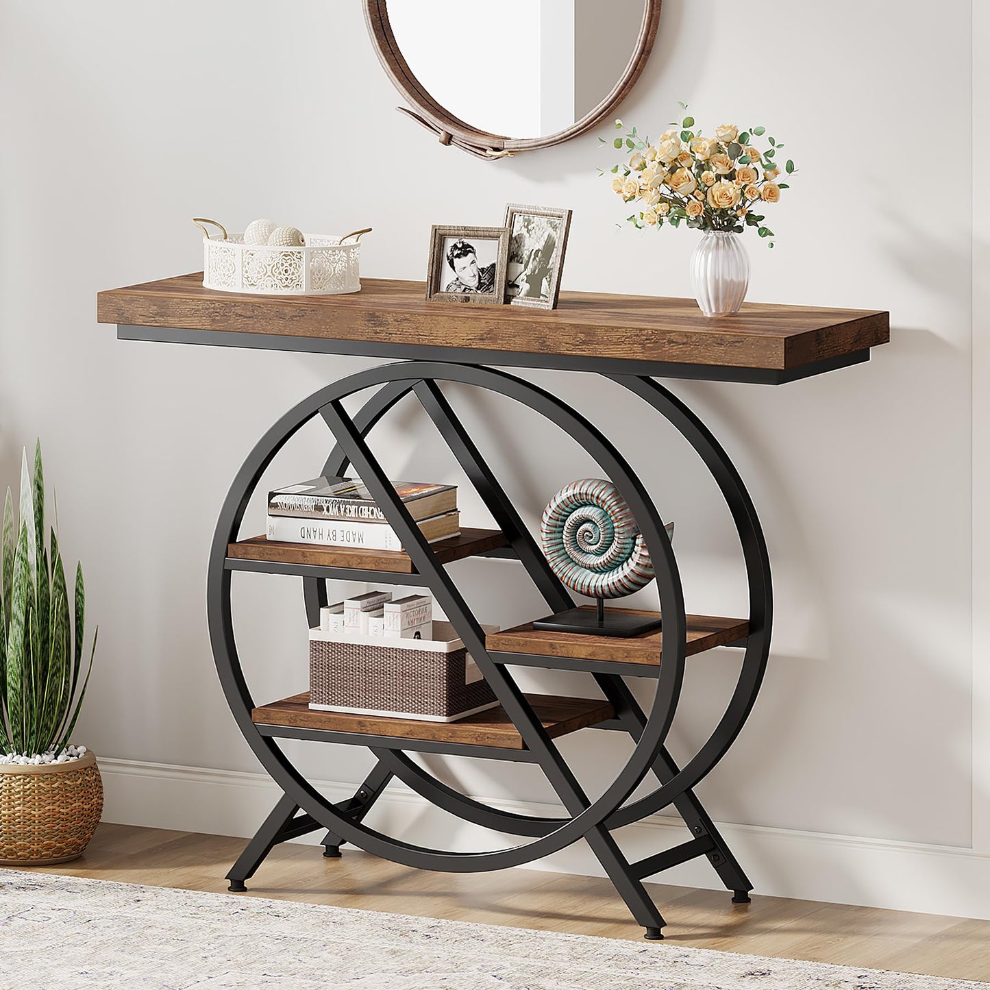 Tribesigns Console Table, 40-Inch Entryway Table with Storage Shelves, 4-Tier Industrial Hallway Sofa Table with Geometric Metal Frame, Accent Table for Living Room, Entryway, Rustic Brown