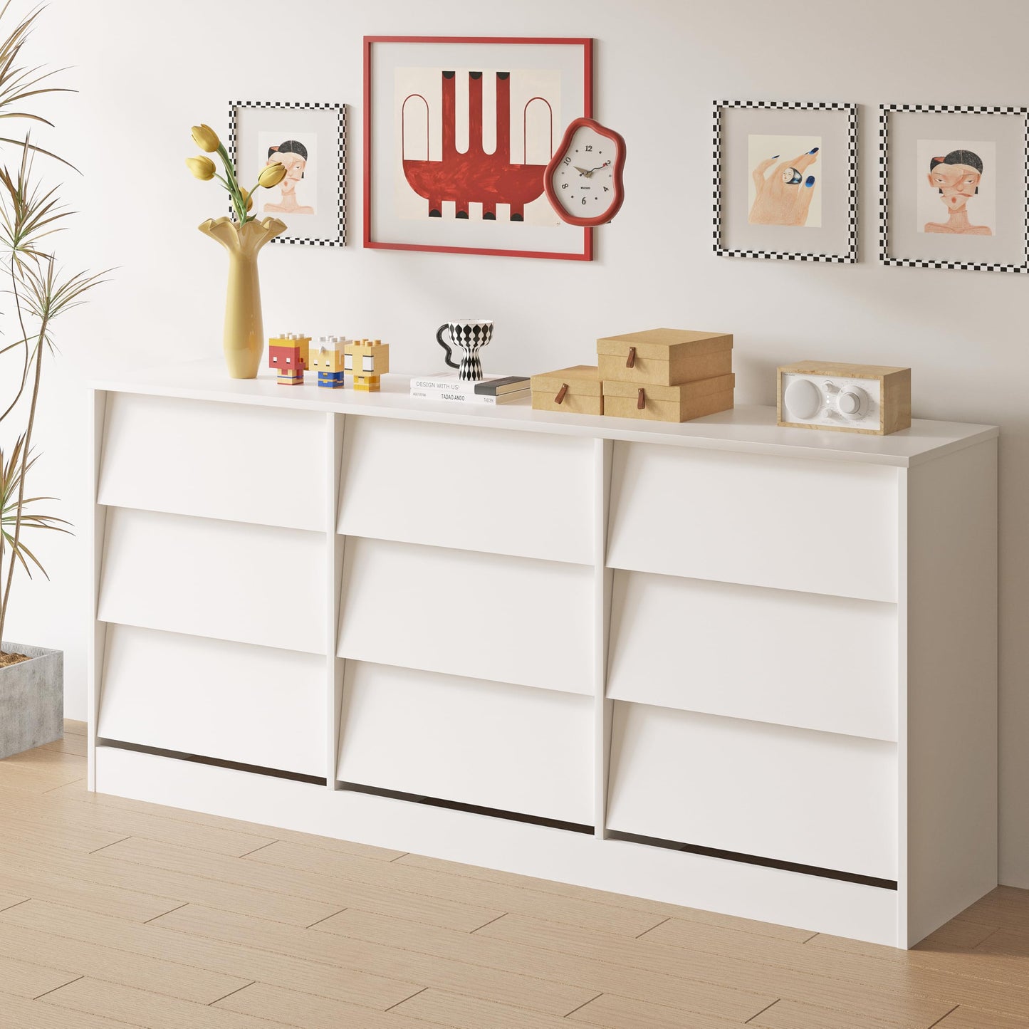 XSUQGP 9-Drawer Dressers for Bedroom,Wooden Dresser TV Stand,Storage Cabinet Drawers Handle Free,Modern Chest of Drawer Organizer Unit for Hallway,Living Room,White