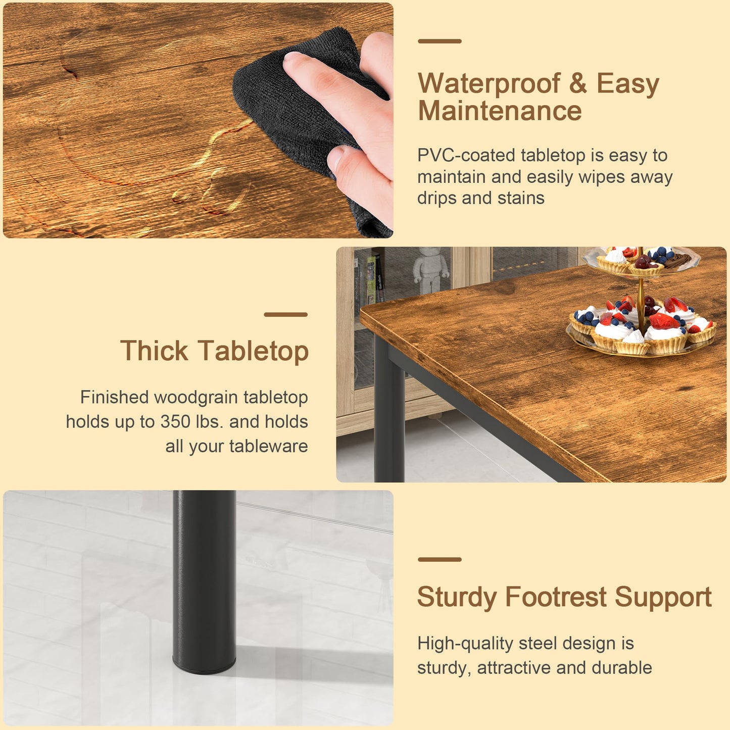 VECELO Kitchen Table and Chairs for 4, Dining Room Set with Chairs/Stools, Heavy-Duty Metal Frame with Wooden Tabletop for Small Spaces, Easy Assembly, Retro Brown