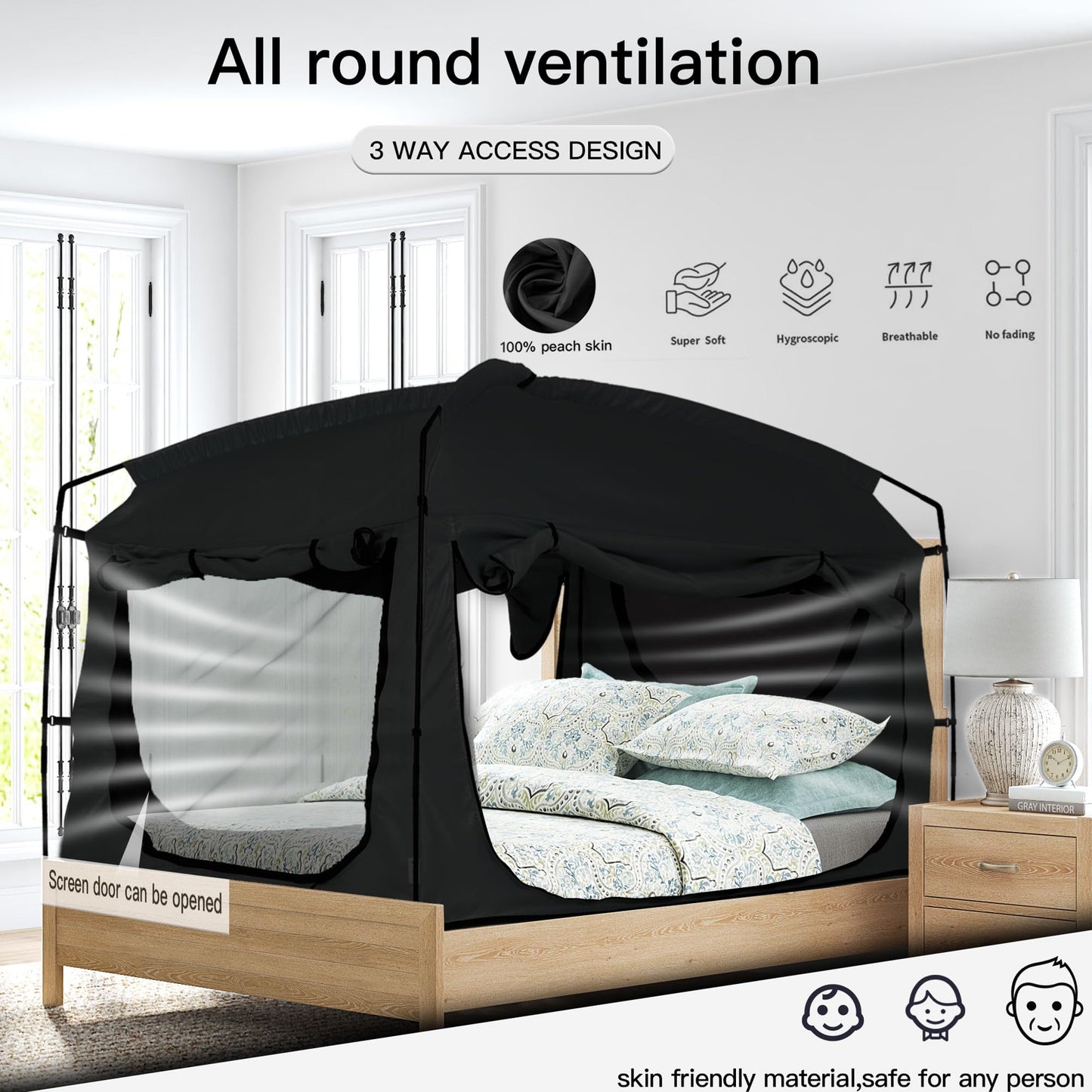 Bed Tent,Portable Privacy Sleeping Bed Canopy,Blackout 90% Drapes for Kids and Adult,Full Size Indoor Space Tent with Breathable Large Mesh Windows(Black, Full)