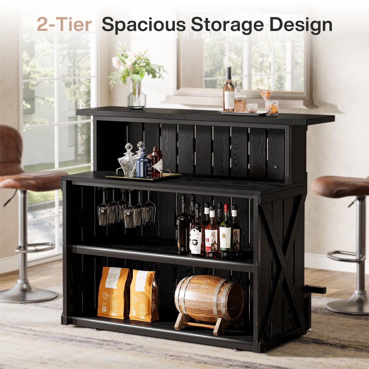 Tribesigns Home Bar Unit, 4-Tier Black Bar Table Height Pub Table with Footrest, 55-Inch Modern Wine Bar Cabinet for Home Pub, Bistro