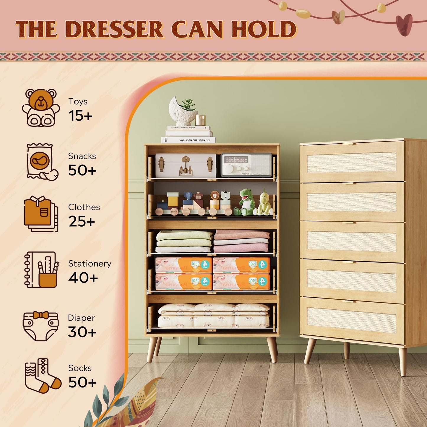 WLIVE Rattan Dresser for Bedroom, 5 Drawer Wood Boho Dresser Storage with Gold Metal Handle, Chest of Drawers for Living Room, Closet, Hallway, Light Oak