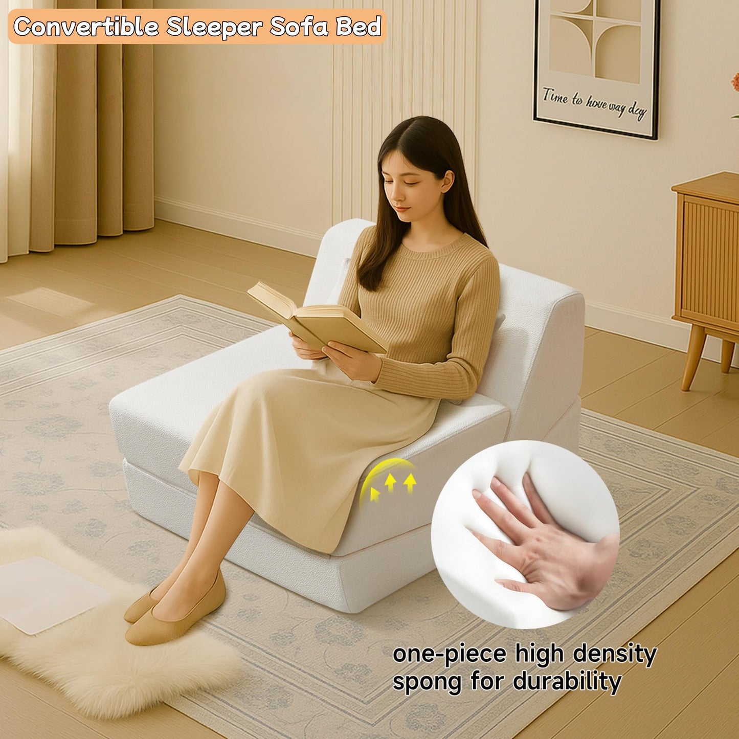 Trygoal Convertible Sofa Bed, Convertible Fold Out Couch with Pillow, Alpaca Wool Fabric Portable Foldable Floor Sofa with High-Density Foam, Sleeper Lounge Chair for Living Room Apartment, Beige