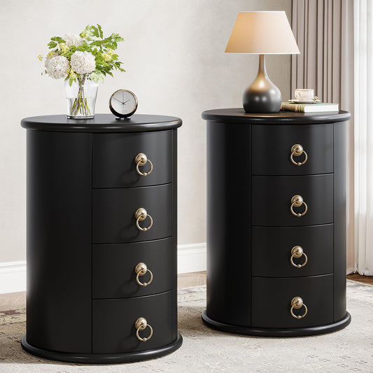 Tribesigns Solid Wood Nightstand, Round Night Stand with 4 Drawers, Rustic Bedside Table Tall Nightstand for Bedroom, Living Room, No Assembly Required (2, Black)