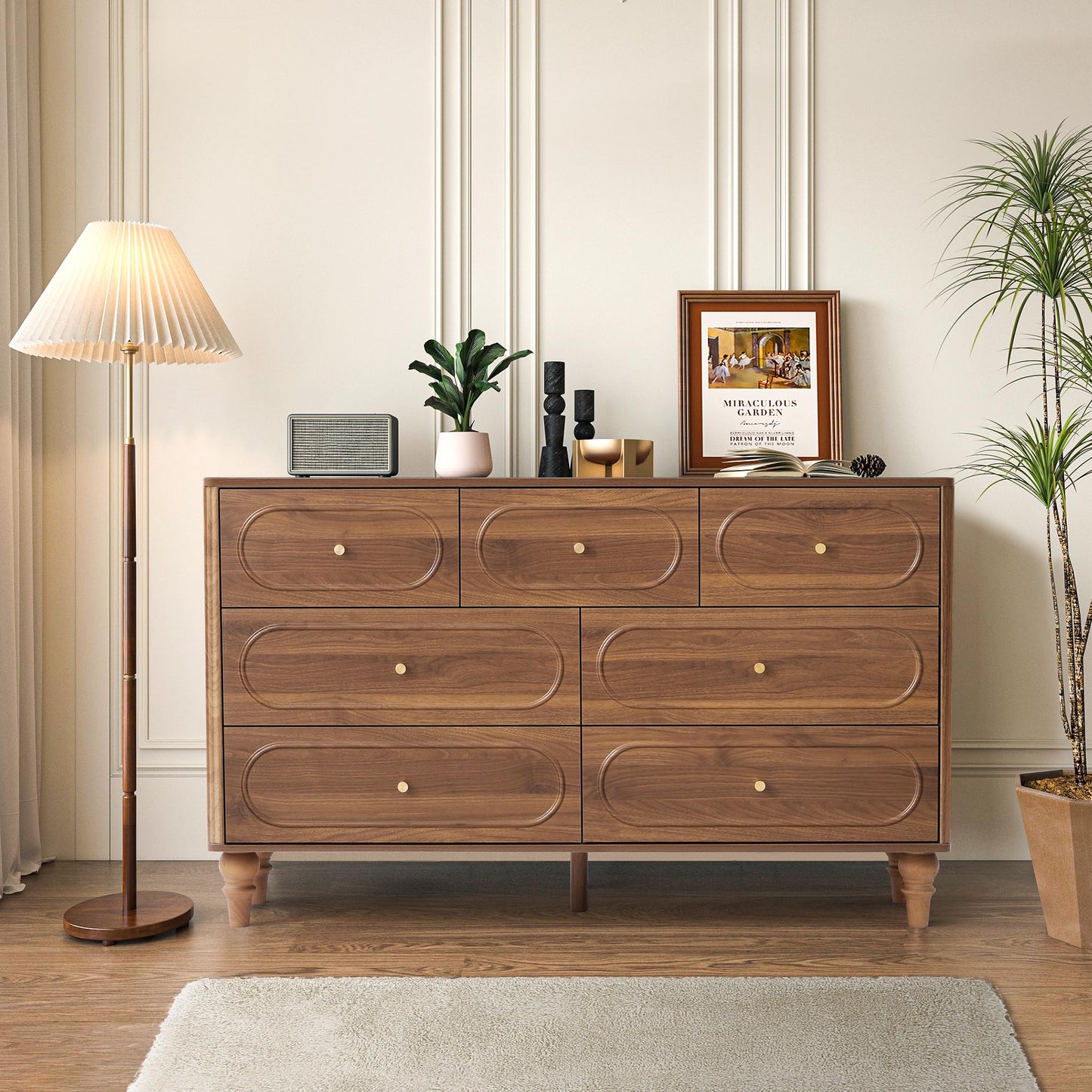 7 Drawer Fluted Dresser for Bedroom, Mid Century Modern Chest of Drawers, Wood Storage Large Dresser Organizer for Bedroom Living Room Hallway Closet, Walnut