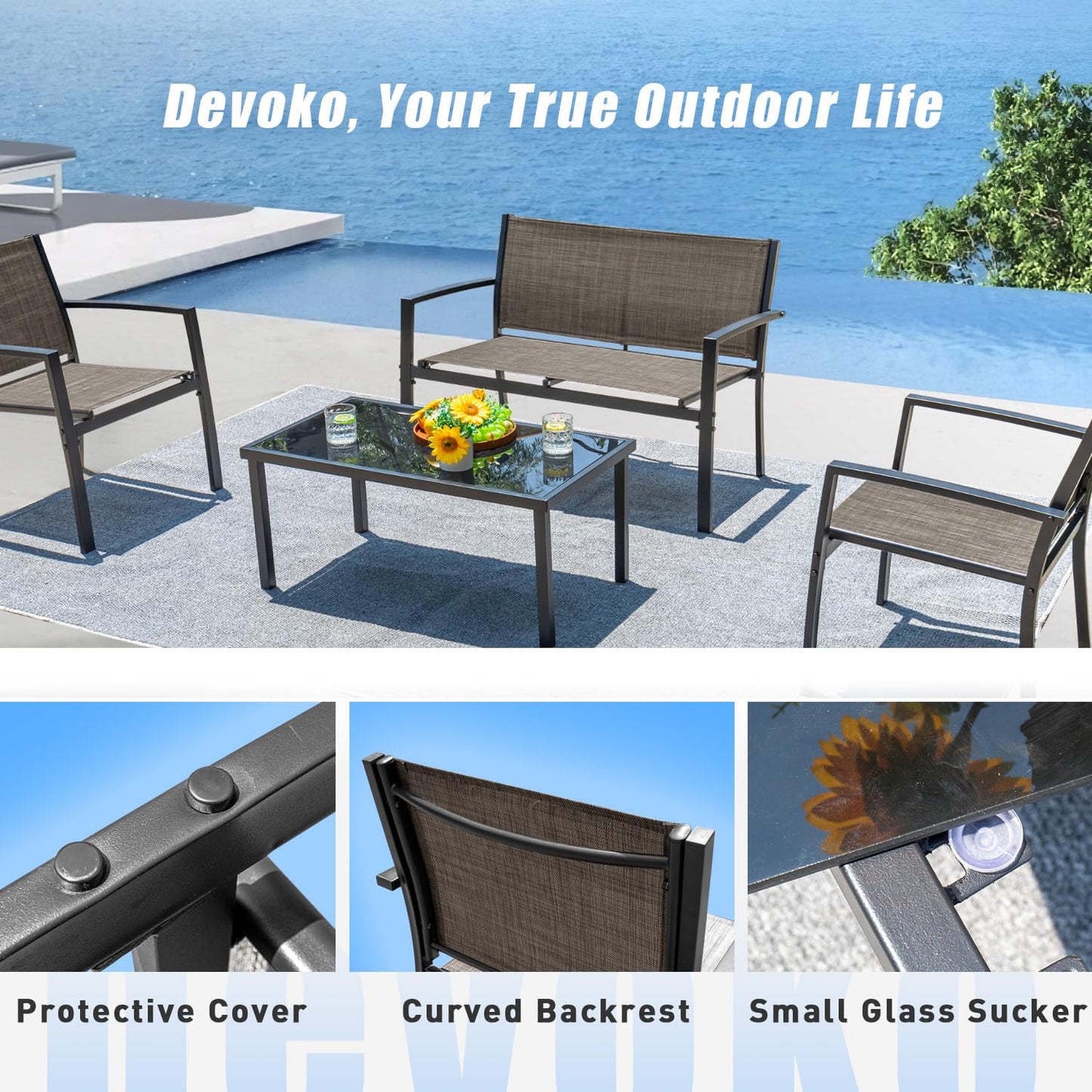 Devoko 4 Pieces Patio Furniture Set Outdoor Garden Patio Conversation Sets Poolside Lawn Chairs with Glass Coffee Table Porch Furniture (Brown)