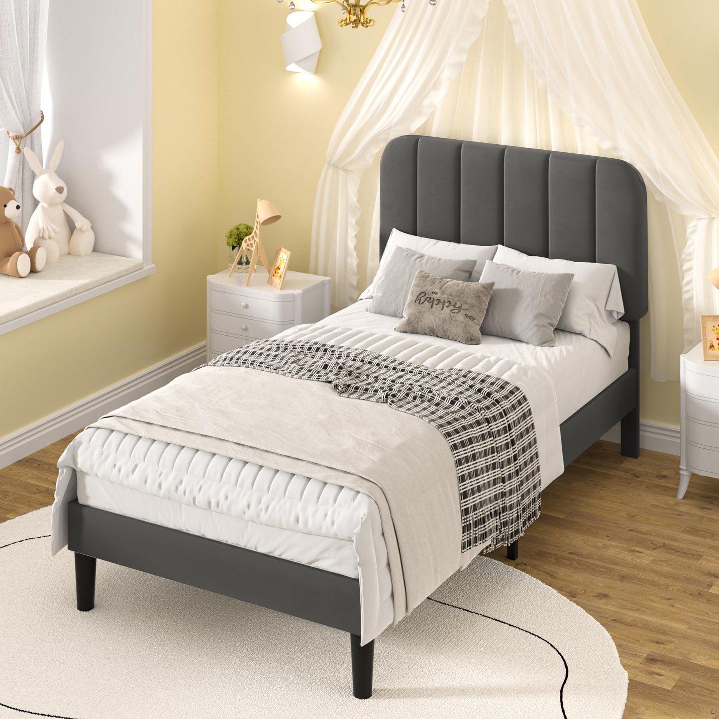 VECELO Twin Size Bed Frame with Upholstered Headboard, Velvet Platform Bedframe Mattress Foundation, Strong Wood Slat Support, No Box Spring Needed,Grey
