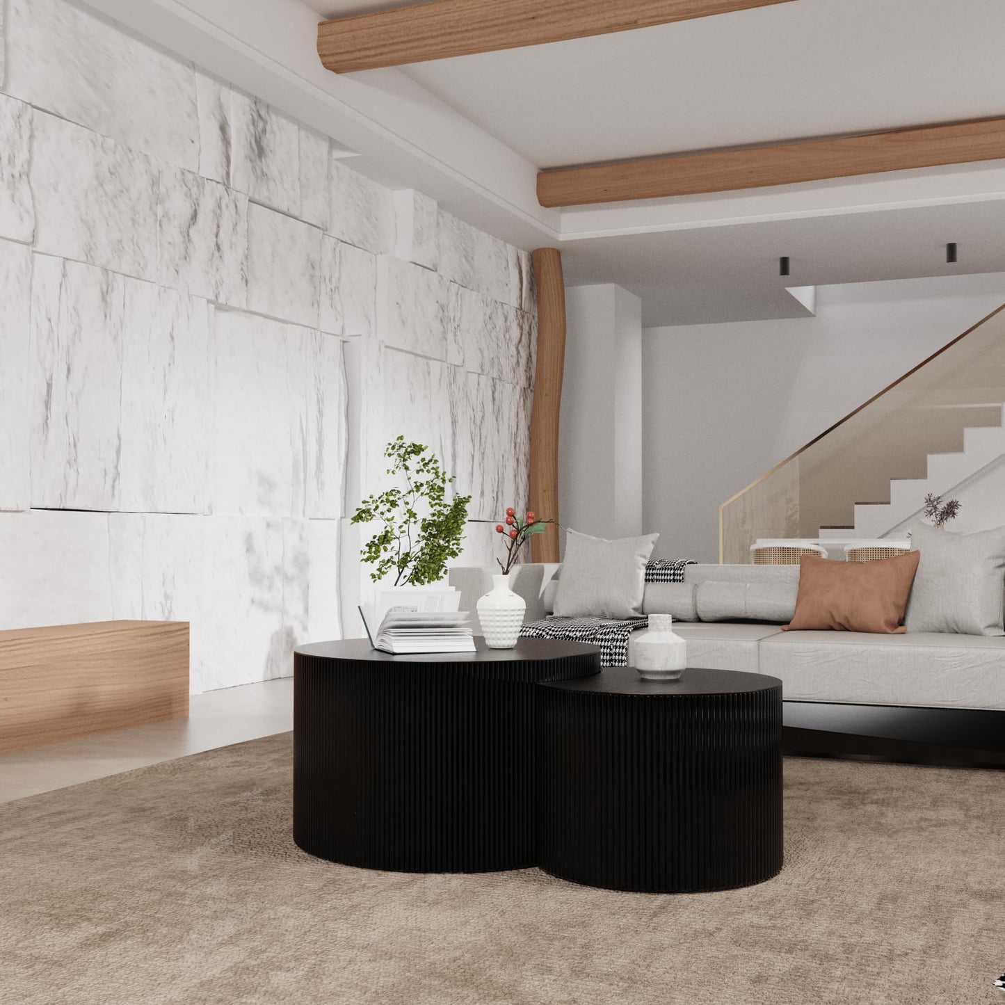 WUPDPQS Round Nesting Coffee Table Black Round Fluted Coffee Table Set of 2 for Living Room Small Circle Drum Coffee Tables Crescent End Table (Black B 27in)