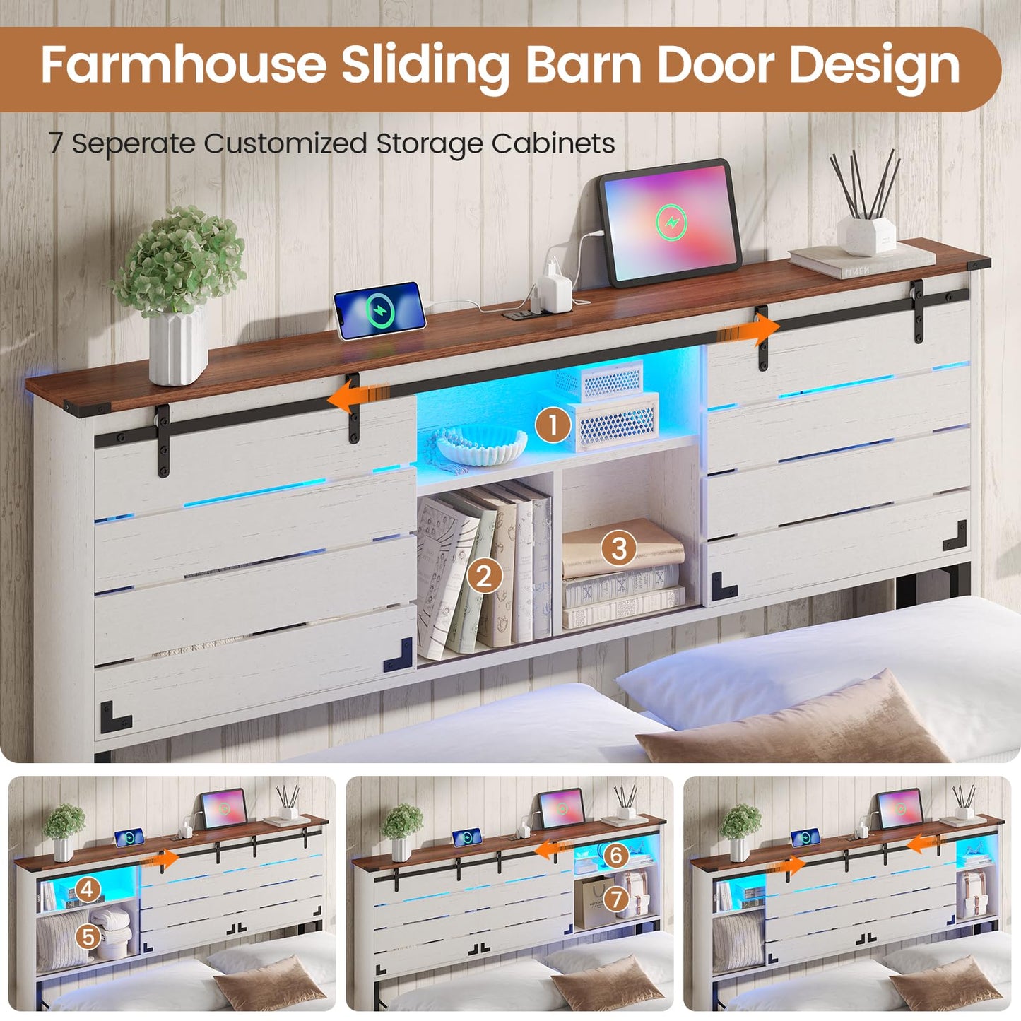 VIAGDO Wooden Bed Frame Full Size with Bookcase Headboard and Sliding Barn Door, Farmhouse Bed Frame Full Size with Charging Station, LED Lights and 4 Storage Drawers, No Box Spring Needed, White