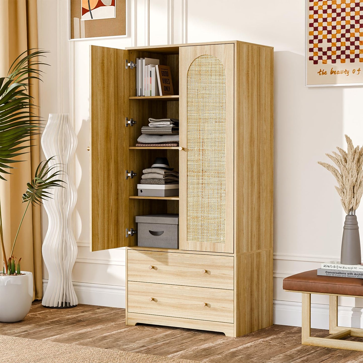 VINGLI Wardrobe Closet with Doors, Rattan Armoire Wardrobe Closet with Drawers & Hanging Rod, Wooden Armoire for Hanging Clothes, Natural Oak, 68.9" H