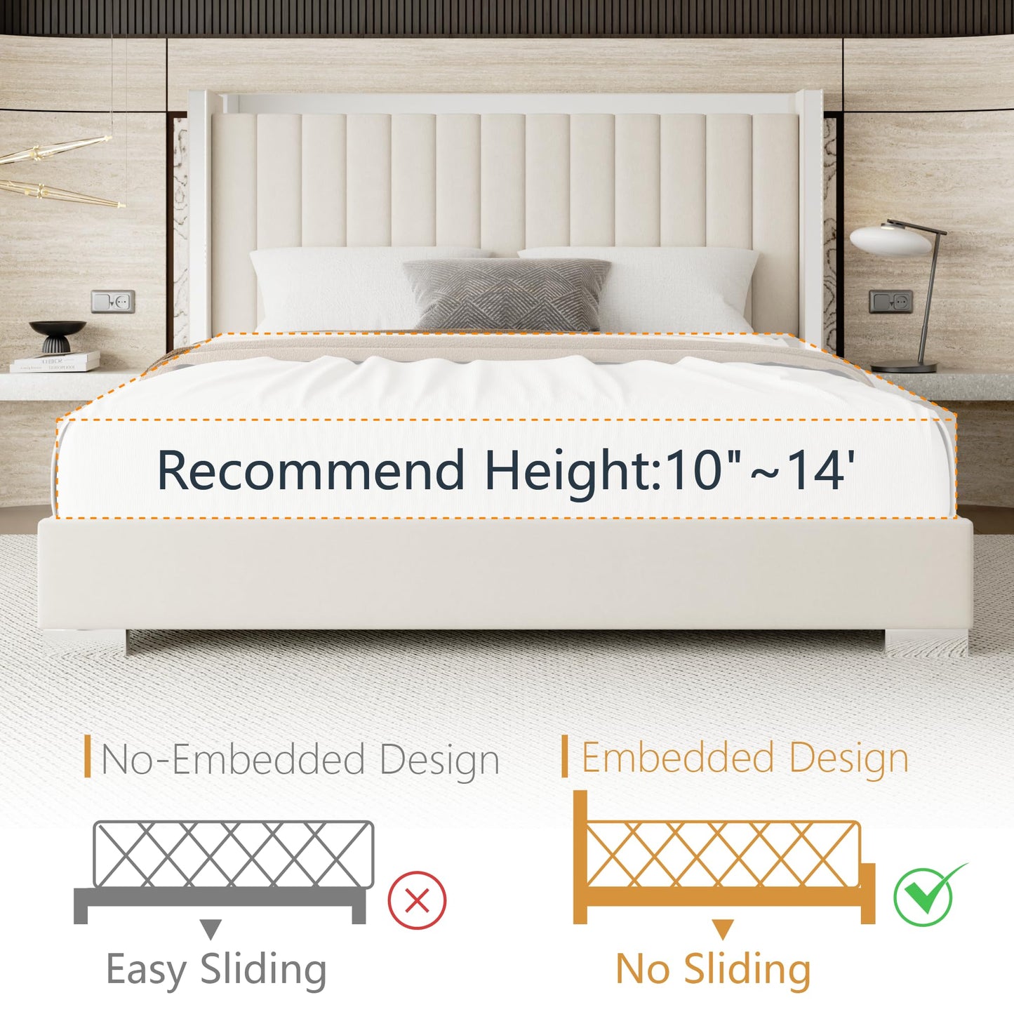 viplov Queen Bed Frame with 57.9" headboard, Tall Wingback Chenille Upholstered Headboard, Low Profile, No Box Spring Needed, Easy Assembly, Noise Free-Beige