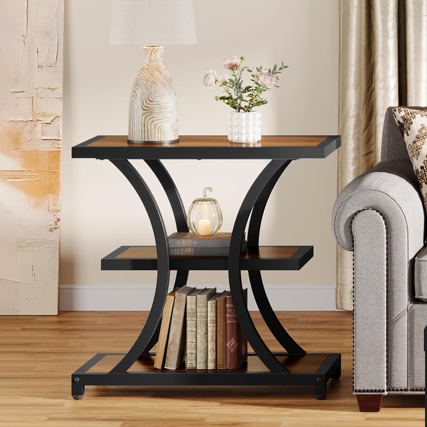 Tribesigns End Table with Storage, 3-Tier Side Table with Geometric Metal Design, Industrial Nightstand for Small Spaces, Living Room, Bedroom, Study Room (Rustic Brown)