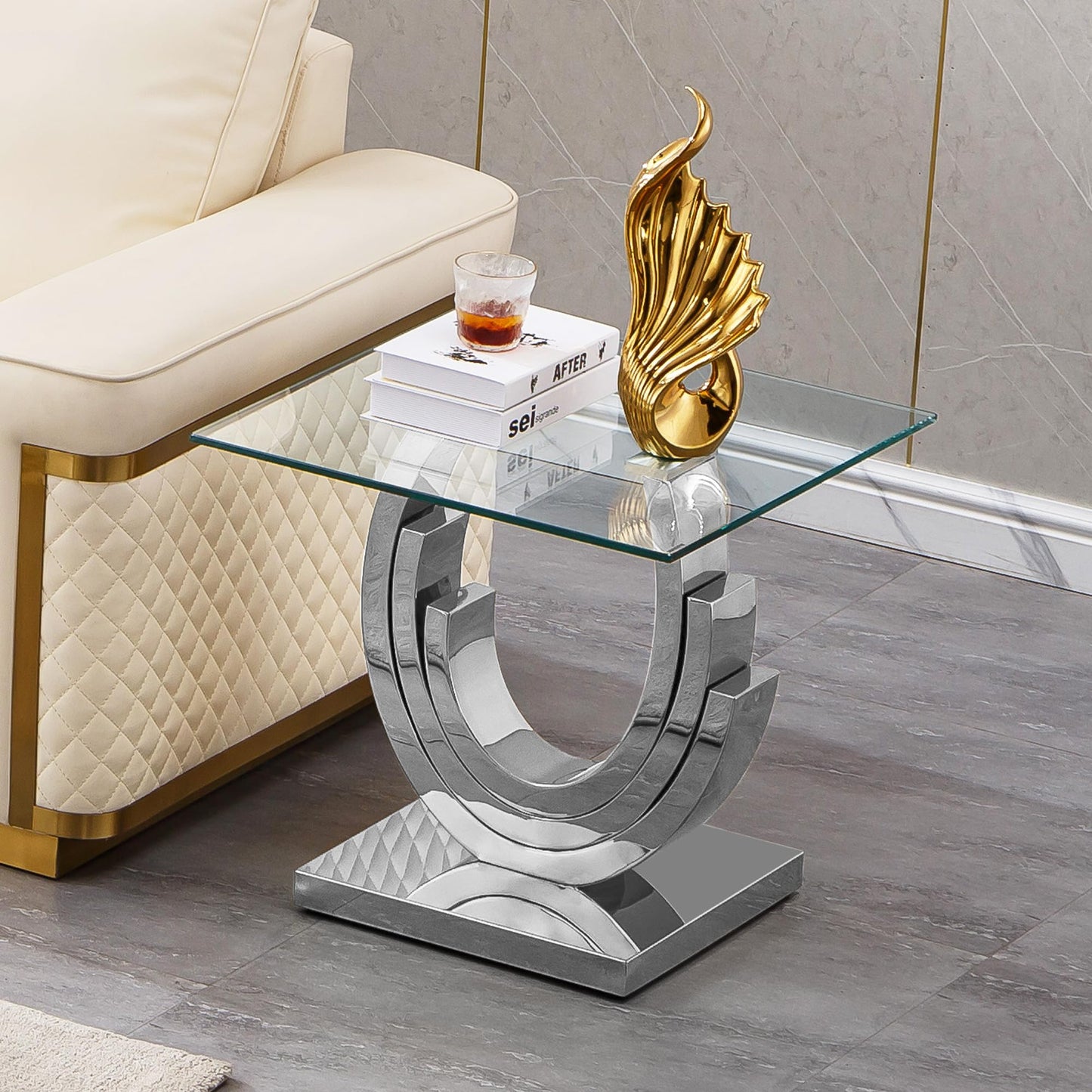 2 Pieces Glass Coffee Table Set,55" Rectangle Coffee Table with 1 Square End Side Table, Modern Silver Living Room Coffee Table Set w/Geometric Stainless Steel Base for Living Room,Apartment