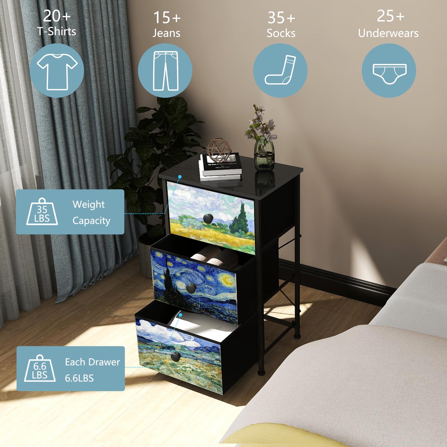 Welfuturer Dresser with 3 Drawers Van Gogh Drawer Dresser for Bedroom Narrow Nightstand Small Dressers & Chests of Drawers for Halfway Entryway Closets Living Room Sturdy Steel Frame Wood Top