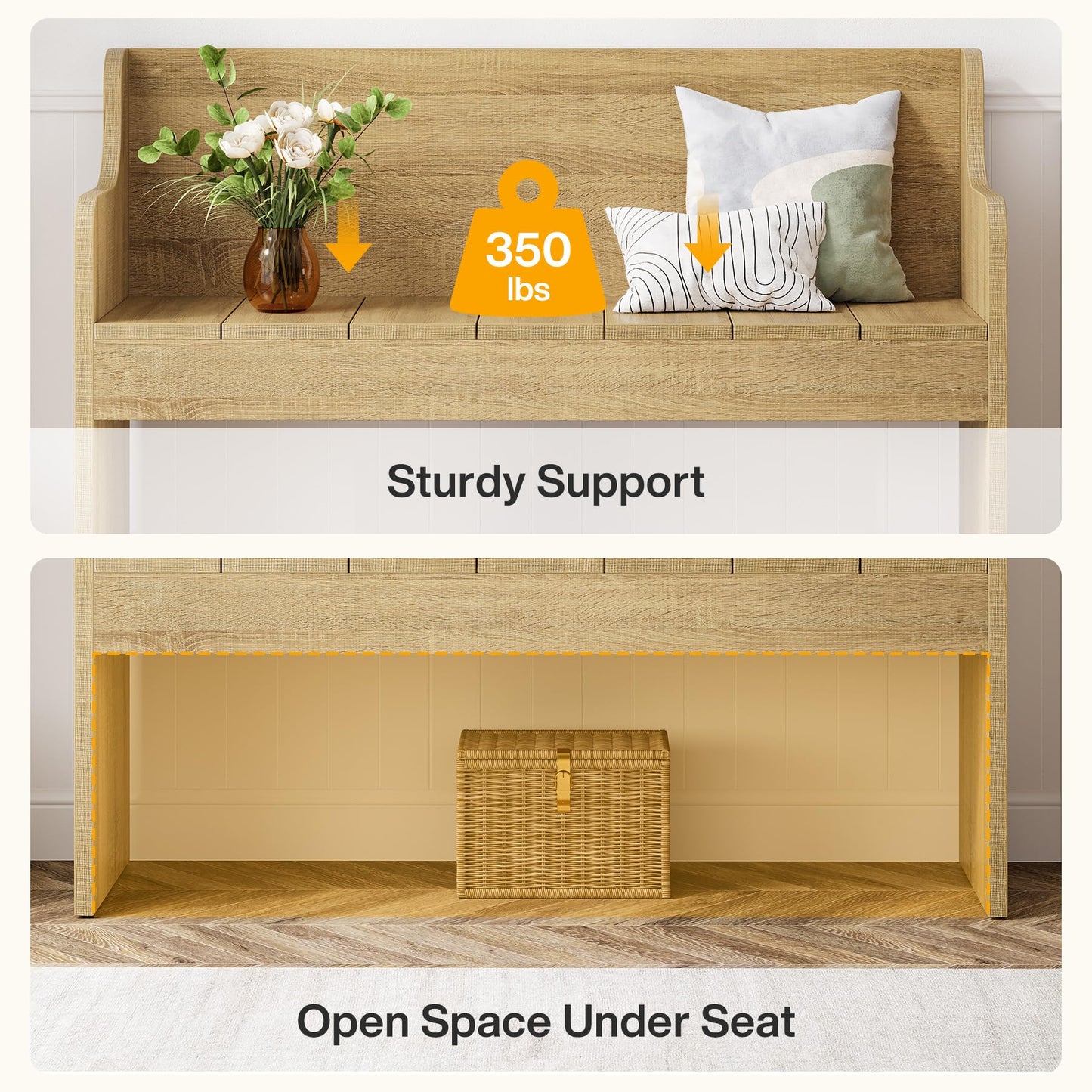 Tribesigns Entryway Bench with Back, 43.3" Farmhouse Wooden Indoor Bench, End of Bed Stool for Bedroom, Living Room, Dining Room, Easy Assembly, Natural