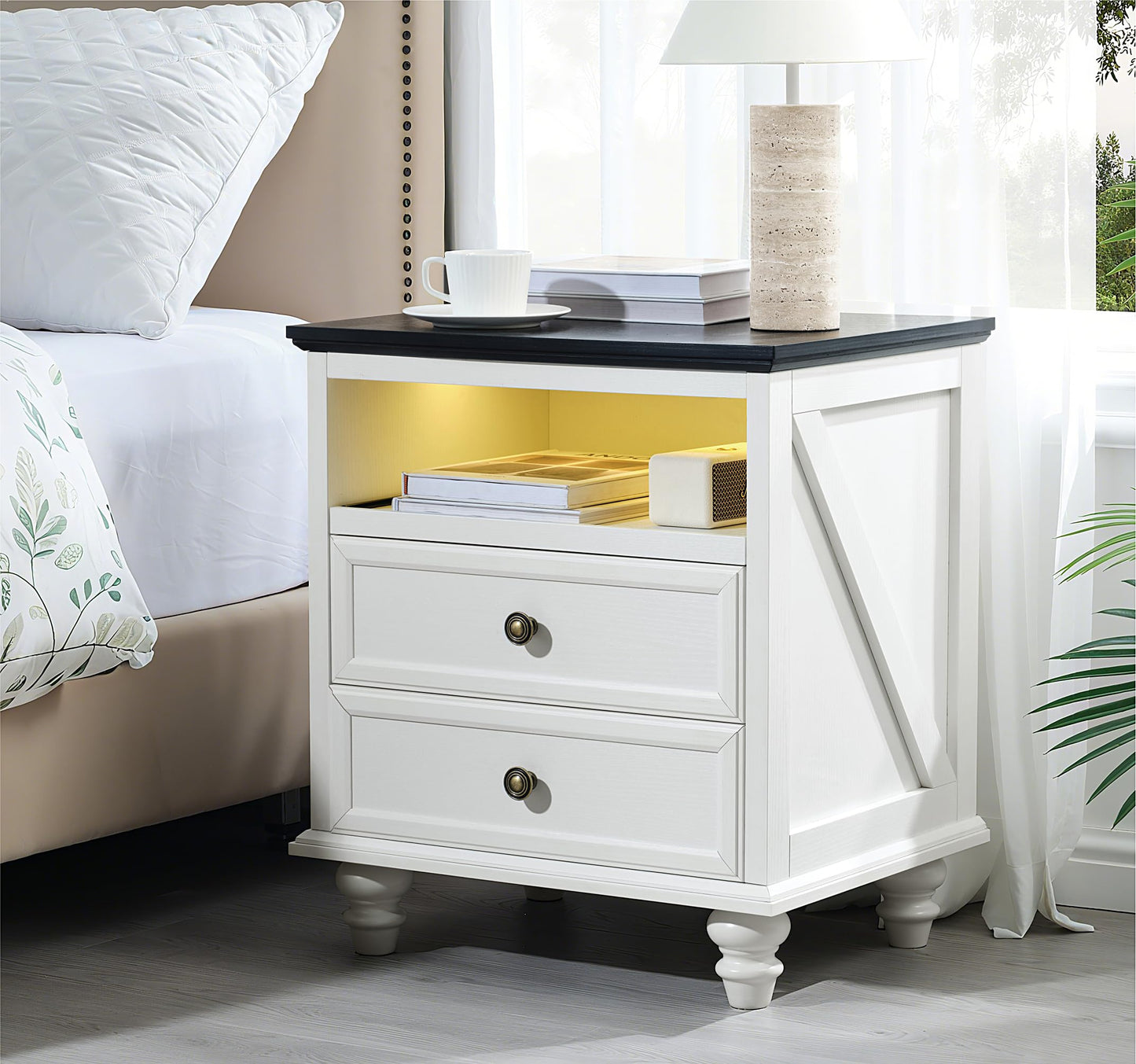 21" Farmhouse Nightstand with Charging Station,Classic American Style Bedside Table with 2 Drawers Storage,Pull-Out Tray,3-color LED lighting,End Table for Bedroom or Living Room,Bedside Cabinet,White