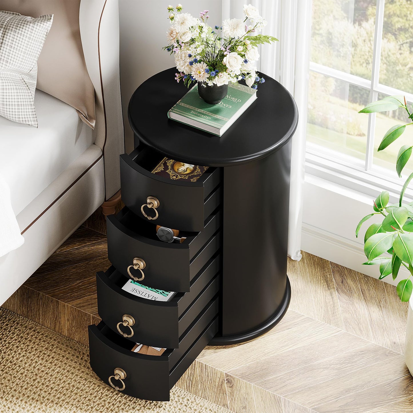 Tribesigns Solid Wood Nightstand, Round Night Stand with 4 Drawers, Rustic Bedside Table Tall Nightstand for Bedroom, Living Room, No Assembly Required (2, Black)
