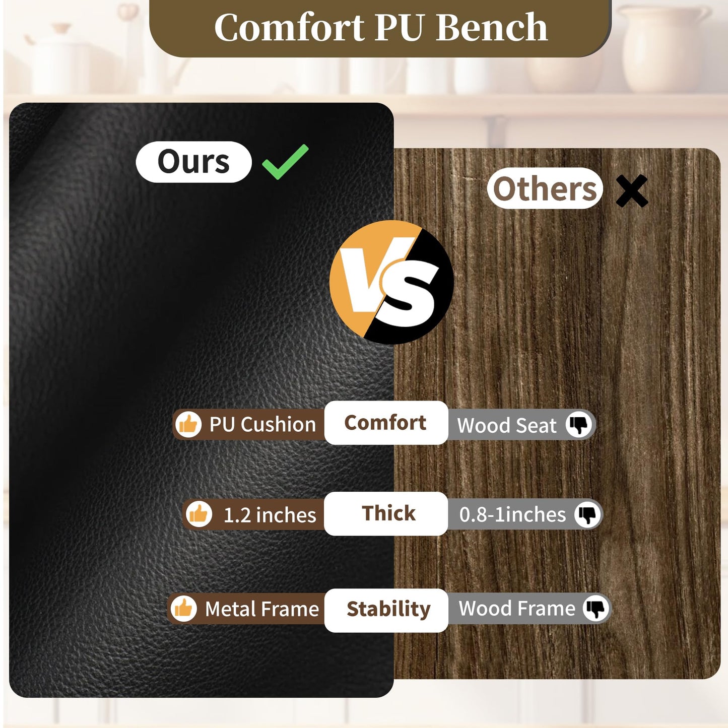 VECELO 65" Dining Table Set for 4-6, 3-Piece Kitchen Set with 2 Utensil Drawers, 2 Benches & Wine Rack, Space Saving & Heavy Duty, with Metal Frame & MDF Board, Rustic Brown