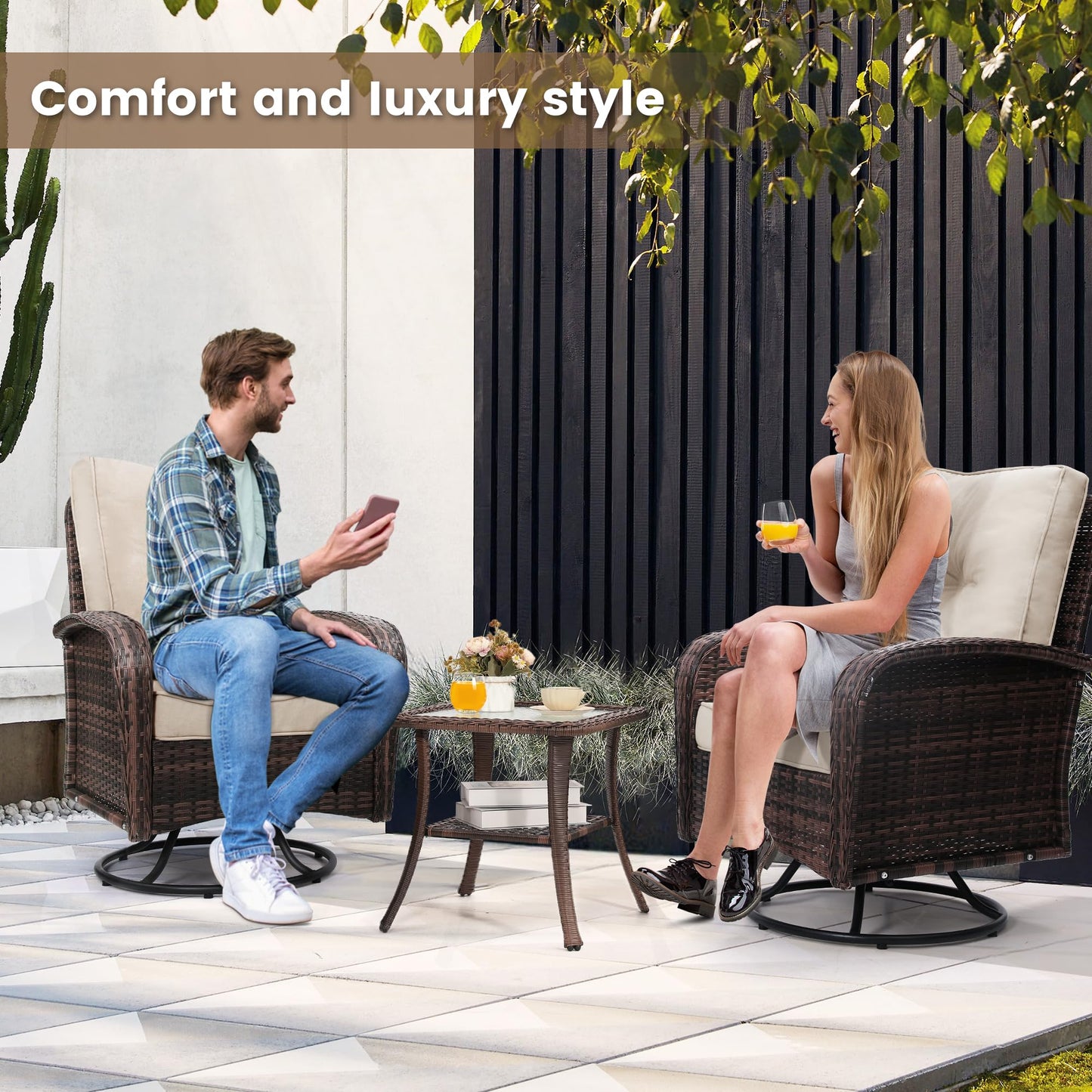 wildformers 2 Luxury Outdoor Swivel Wicker Glider Patio Chairs with Table Set, Overstuffed Washable Cushions, Ideal for Porch, Balcony, Deck, Brown Rattan and Beige Cushions