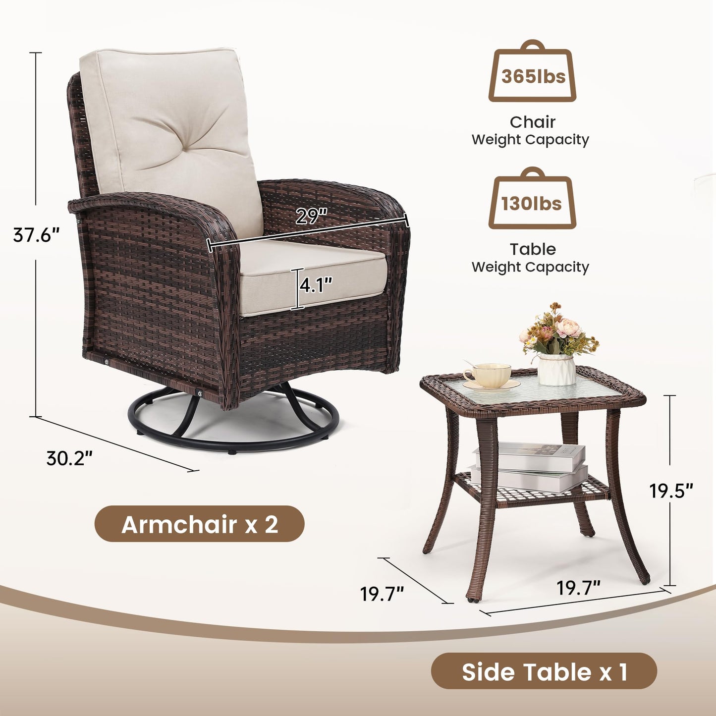 wildformers 2 Luxury Outdoor Swivel Wicker Glider Patio Chairs with Table Set, Overstuffed Washable Cushions, Ideal for Porch, Balcony, Deck, Brown Rattan and Beige Cushions