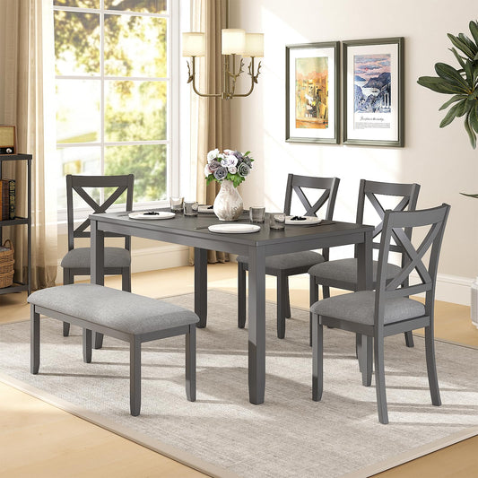 Zevemomo 6-Piece Wooden Dining Table Set, Dining Table Set for 6, Including 1 Dining Table, 4 Upholstered Chairs and 1 Bench, Wooden Legs Dining Table, Table Set for Dining Room, Grey