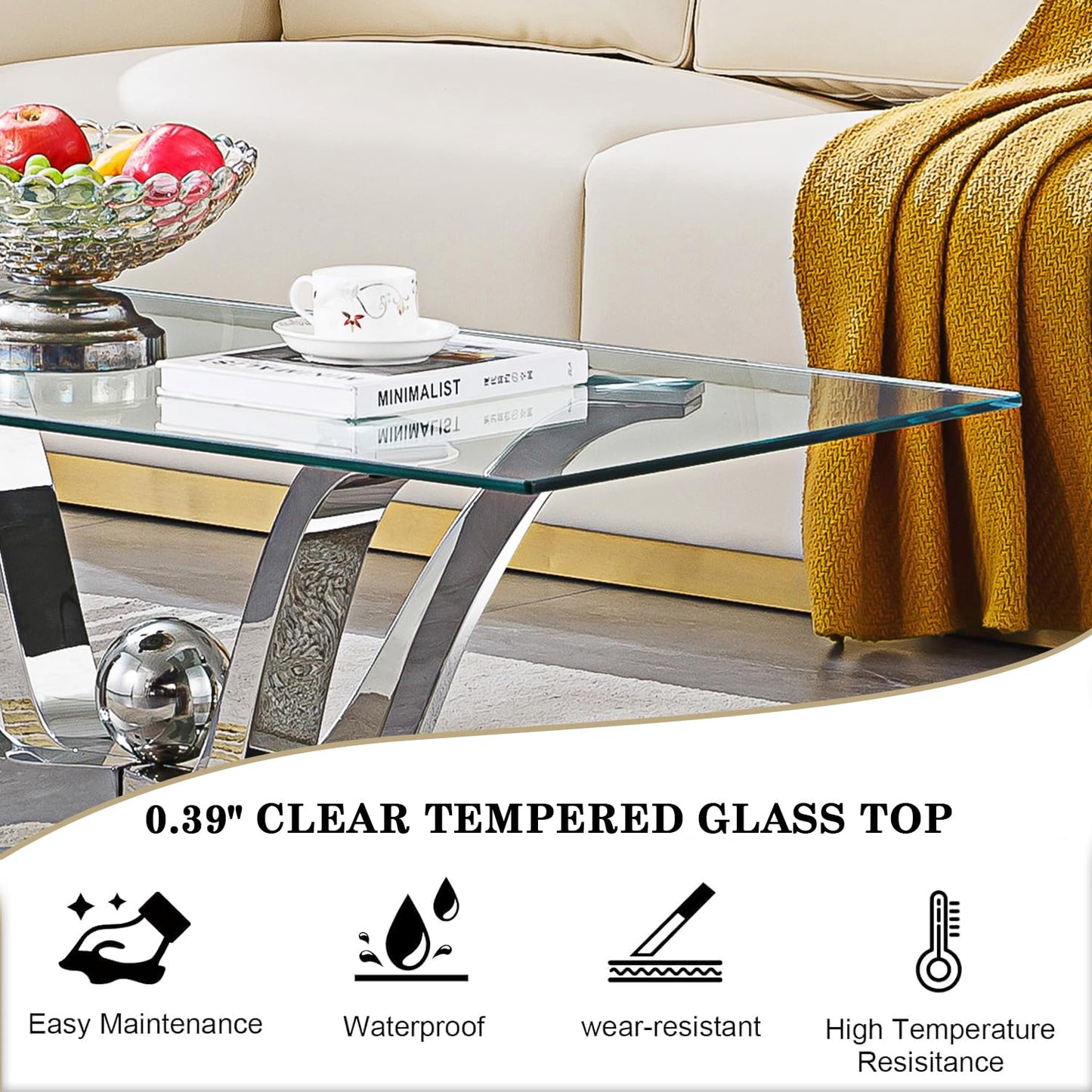 47" Glass Coffee Table, Modern Silver Cofee Table Living Room Table with Gorgeous Mirrored Stainless Steel Base,Luxury Rectangular Center Coffee Tables for Living Room,Apartment,Office