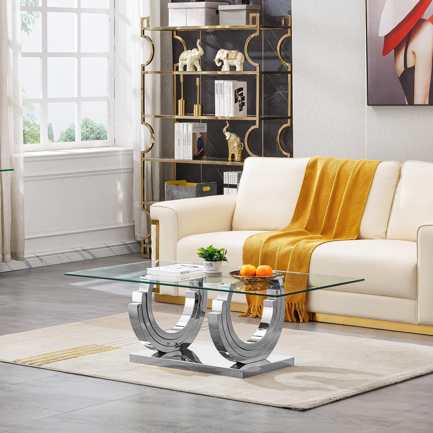 2 Pieces Glass Coffee Table Set,55" Rectangle Coffee Table with 1 Square End Side Table, Modern Silver Living Room Coffee Table Set w/Geometric Stainless Steel Base for Living Room,Apartment