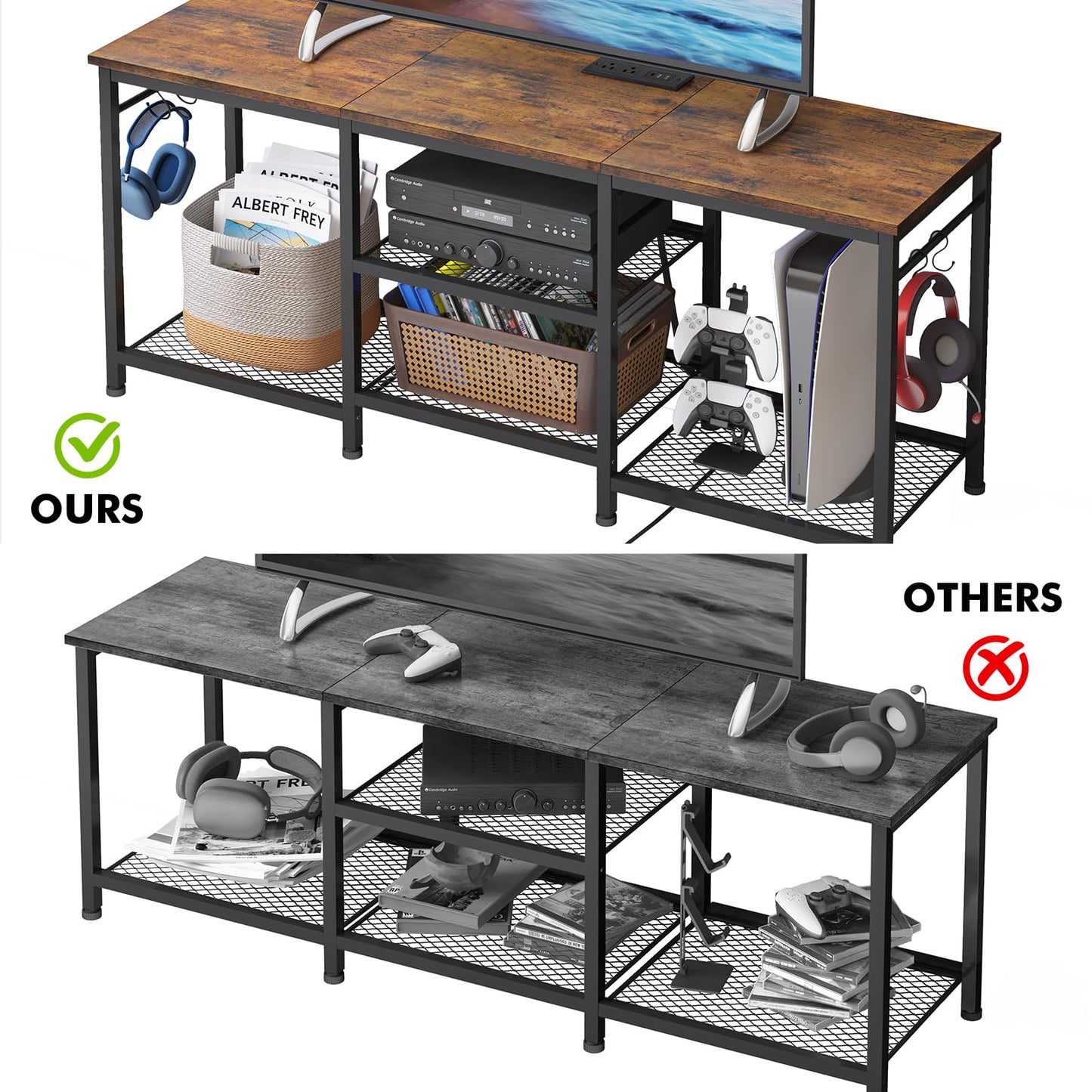 YGEOMER TV Stand Entertainment Center for 55 Inch TVs, with Charging Station and Lights Open Storage Shelves, TV Media Console, Open Storage Shelf with Sound Rack for Living Room, Rustic Brown